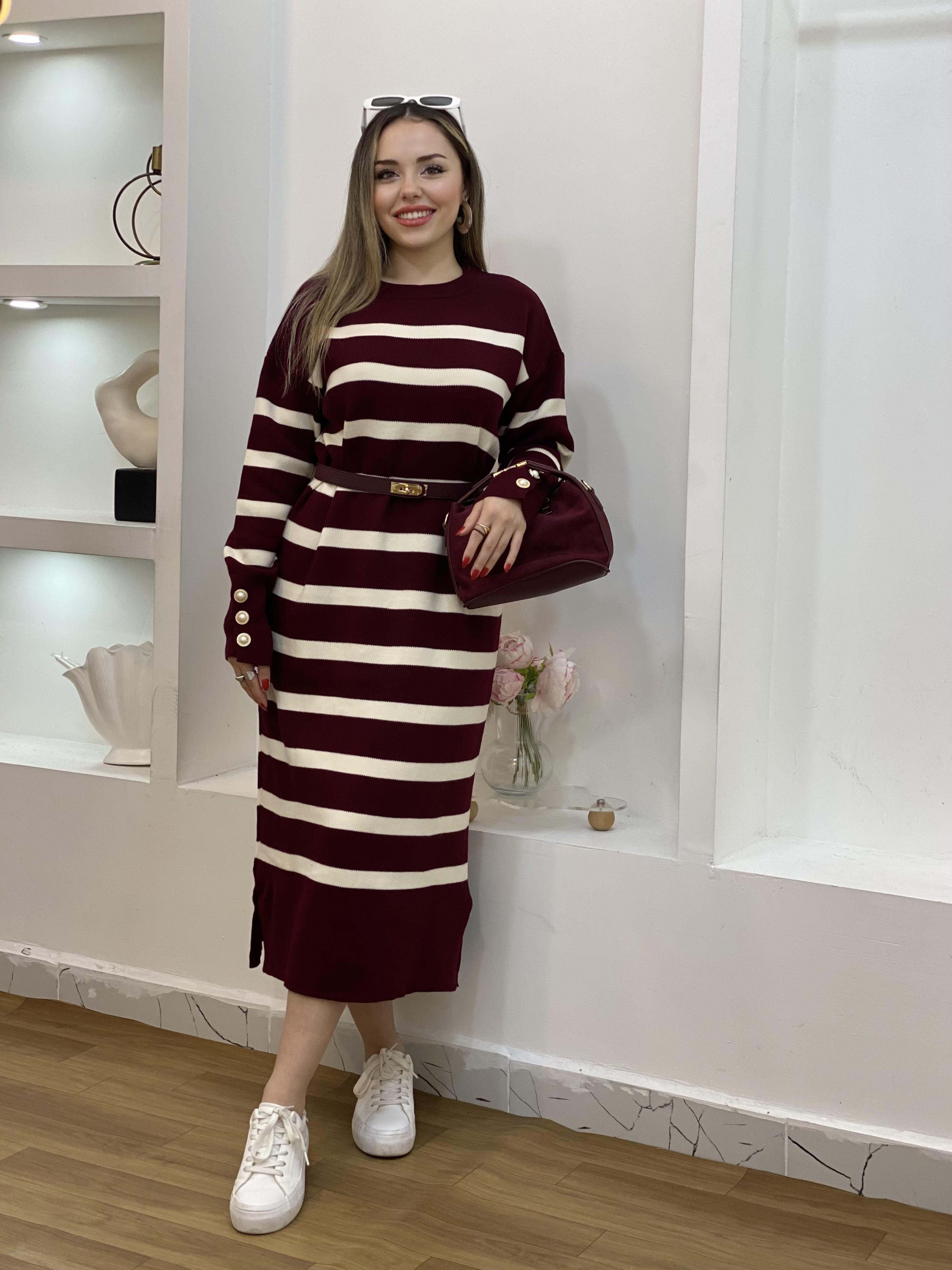 Bordo Çizgili Bilek Düğmeli Triko Elbise