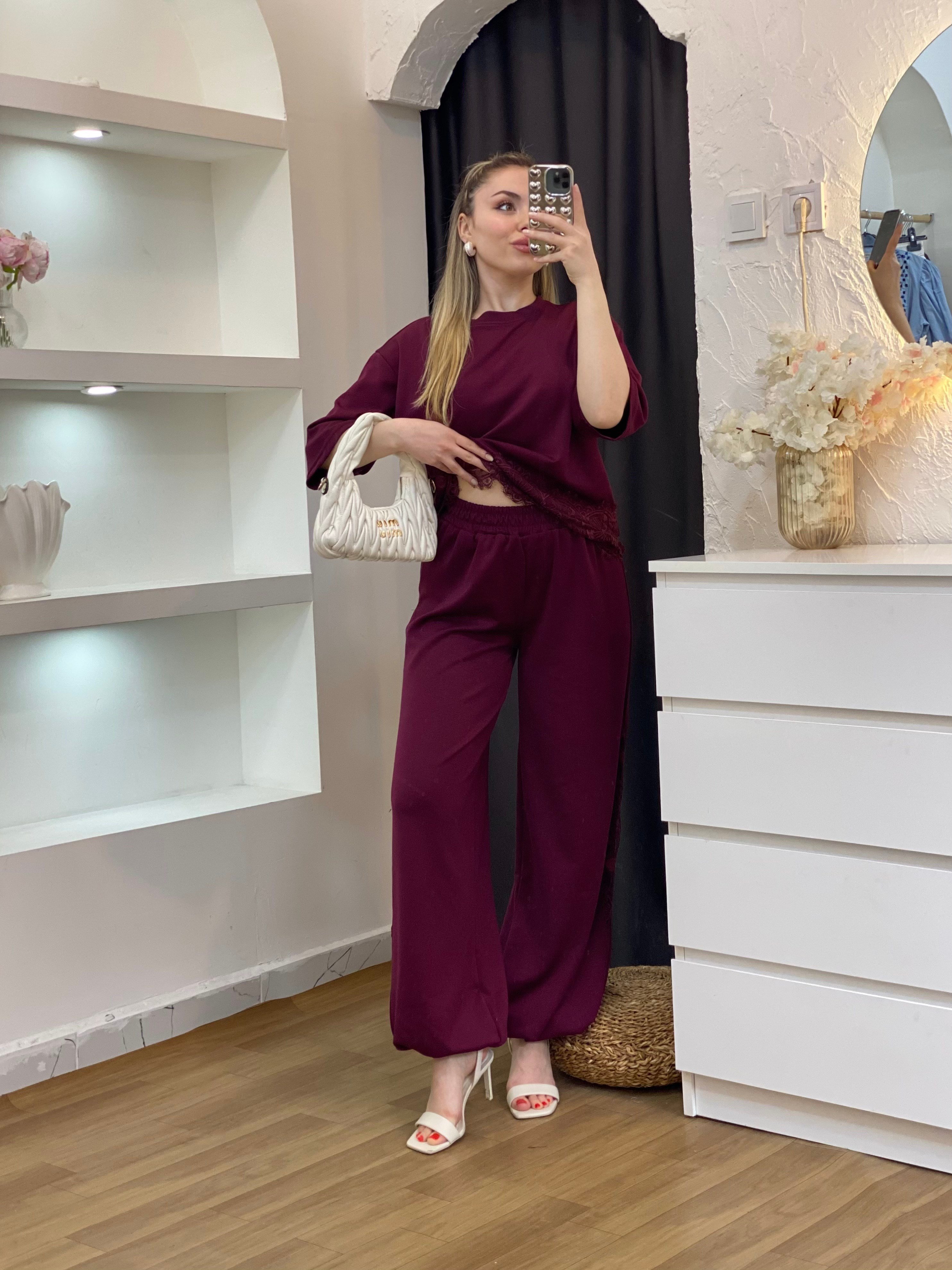 Bordo Dantel Detaylı Modal Takım