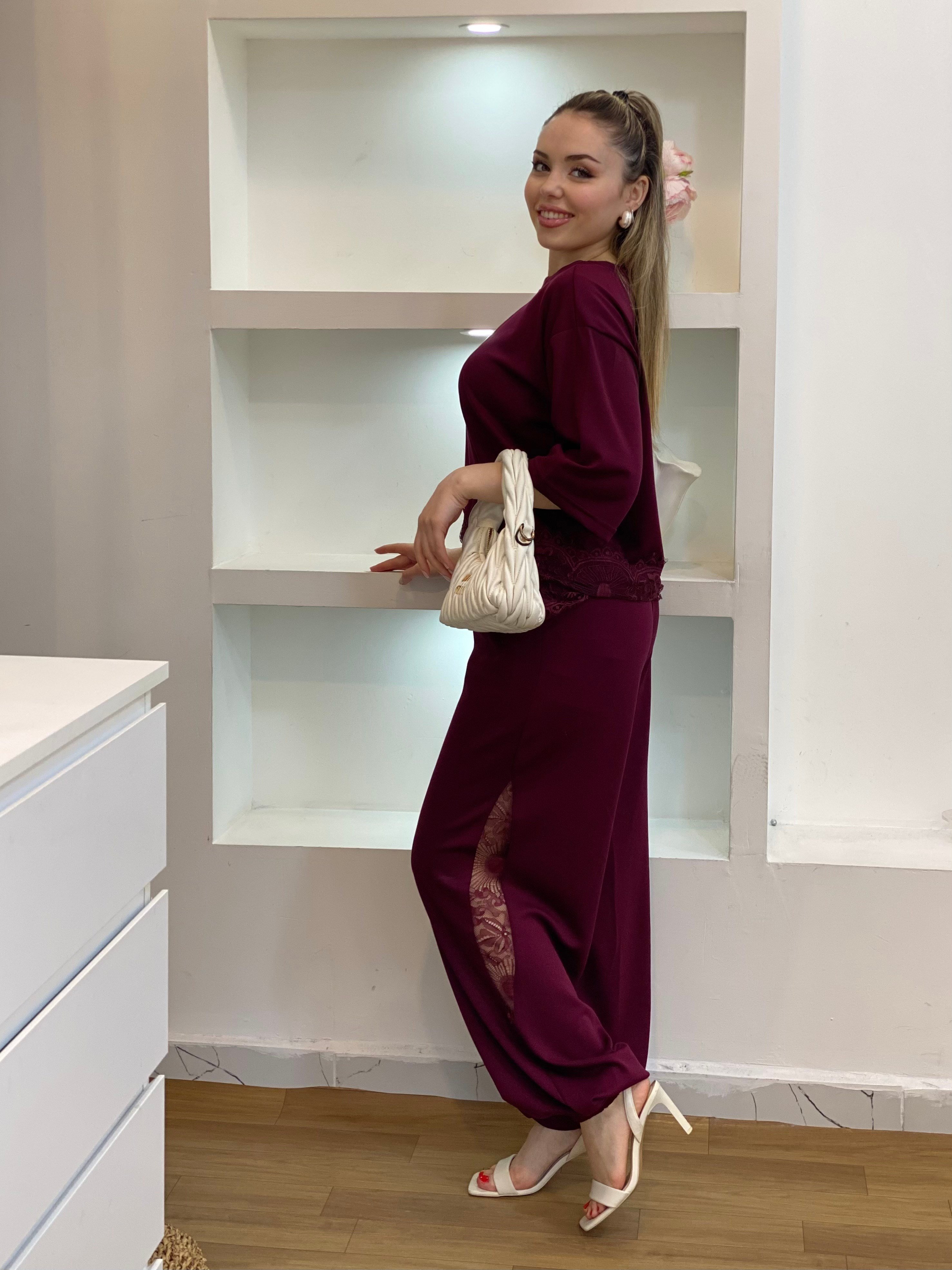 Bordo Dantel Detaylı Modal Takım