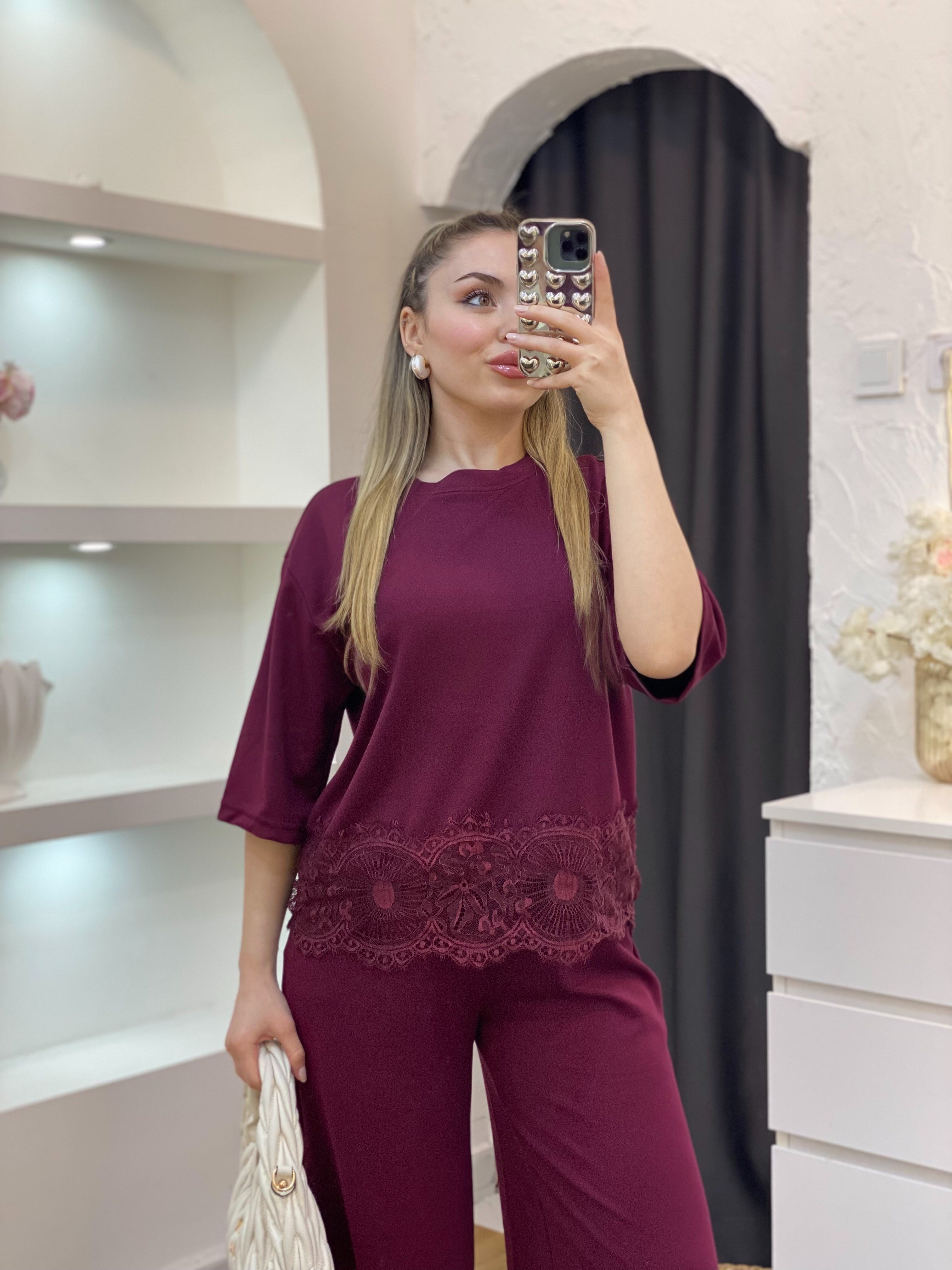 Bordo Dantel Detaylı Modal Takım