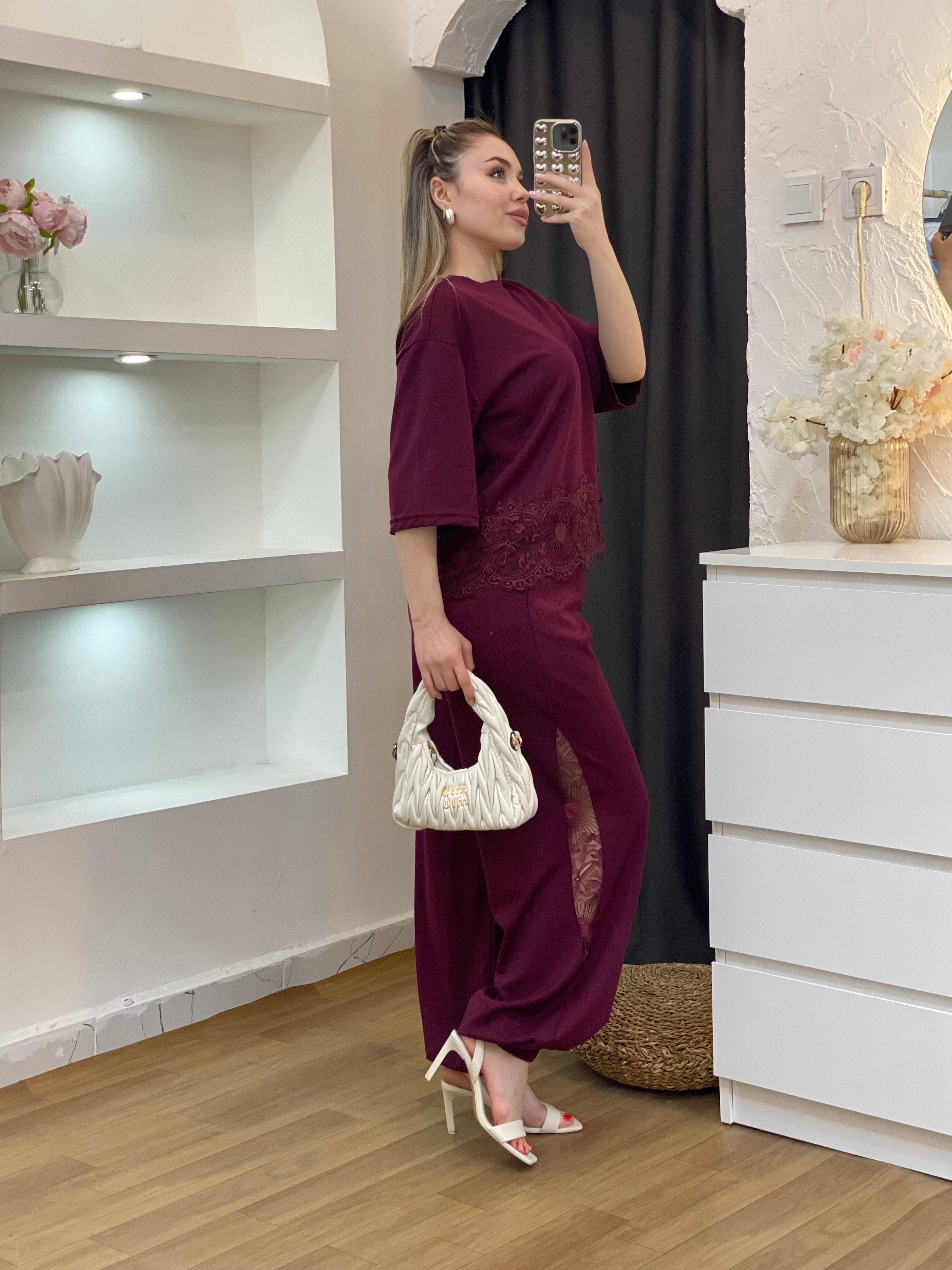 Bordo Dantel Detaylı Modal Takım