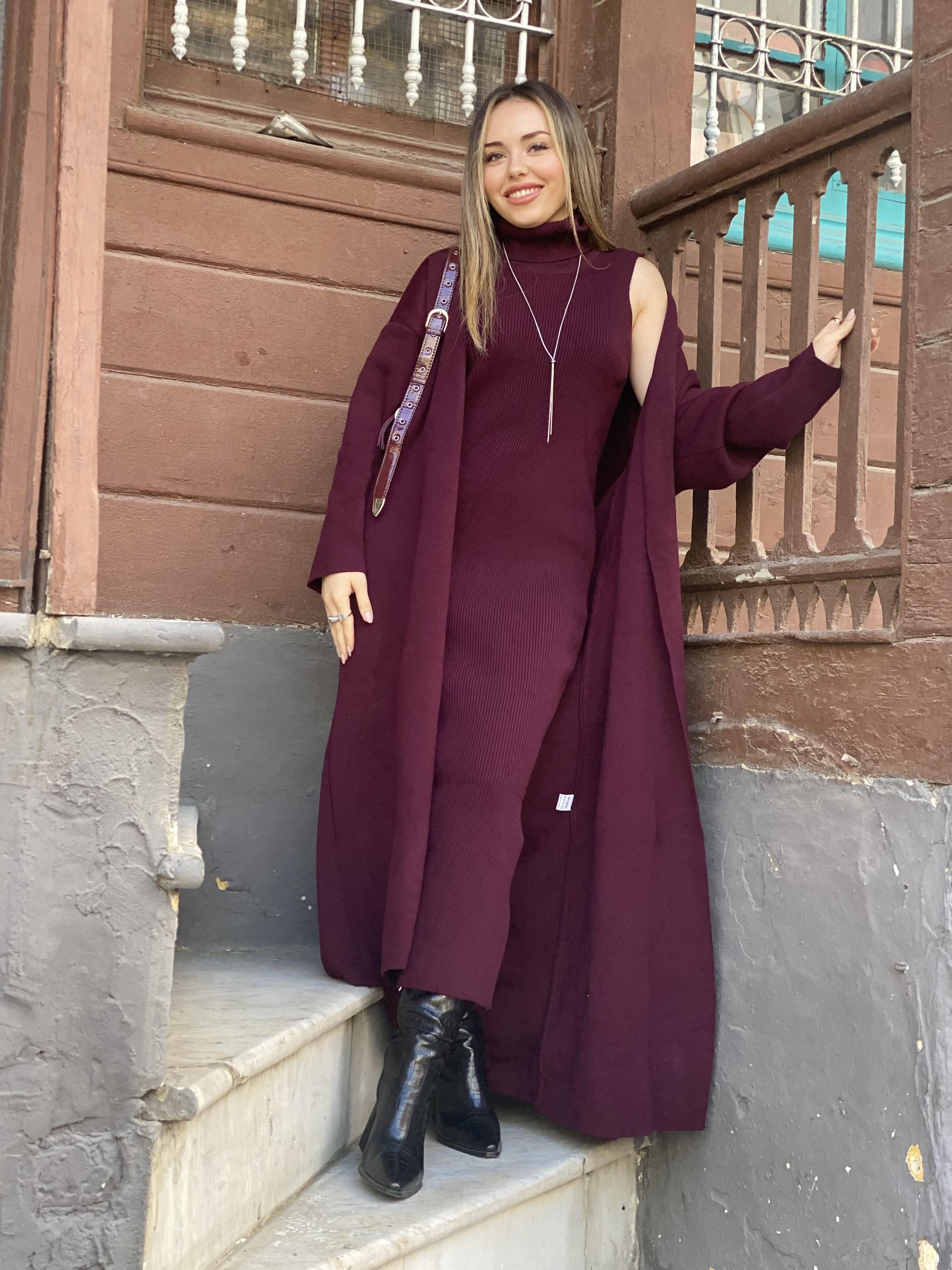 Bordo Elbise Hırka Triko Takım