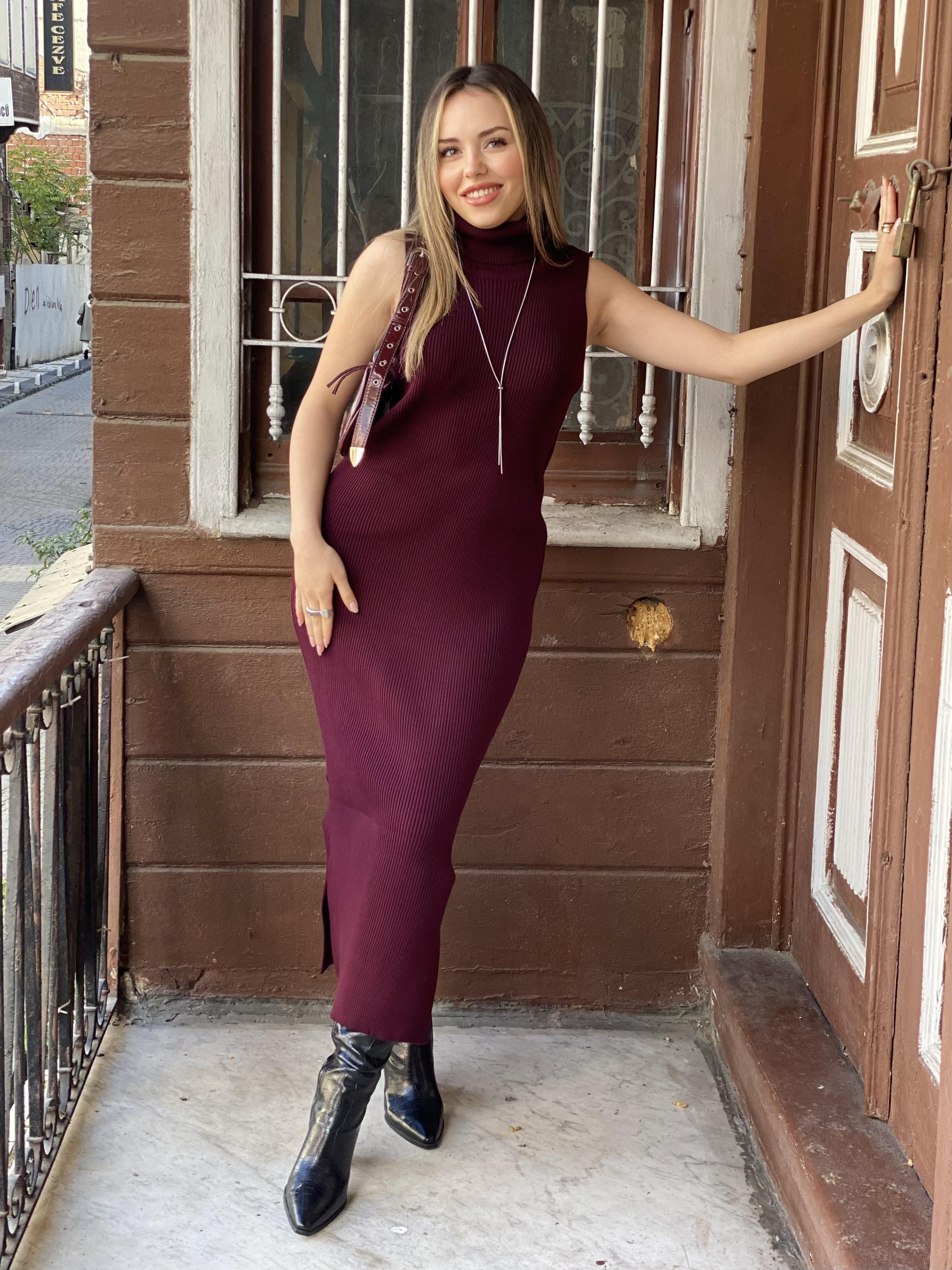 Bordo Elbise Hırka Triko Takım
