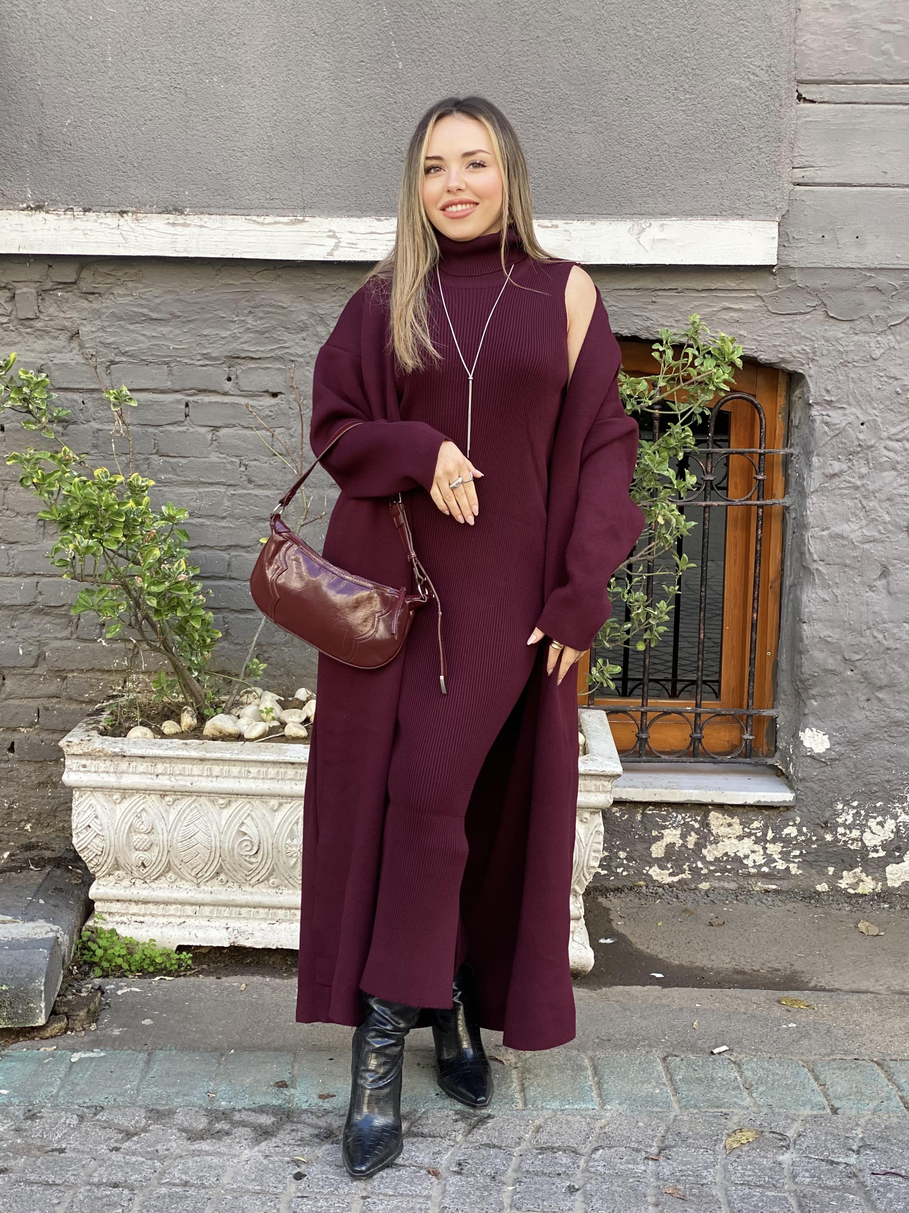 Bordo Elbise Hırka Triko Takım