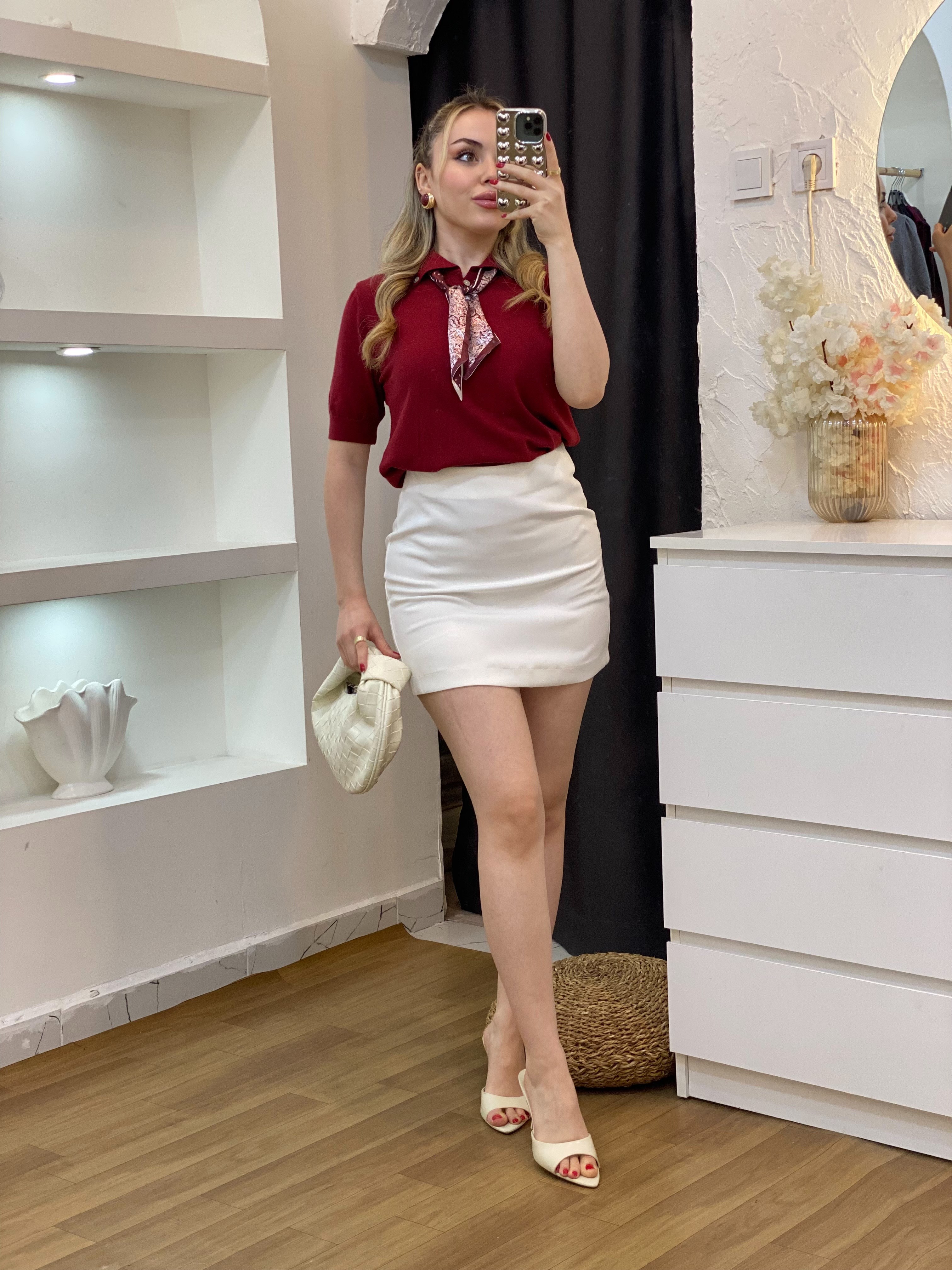 Bordo Fularlı Polo Yaka Triko Bluz