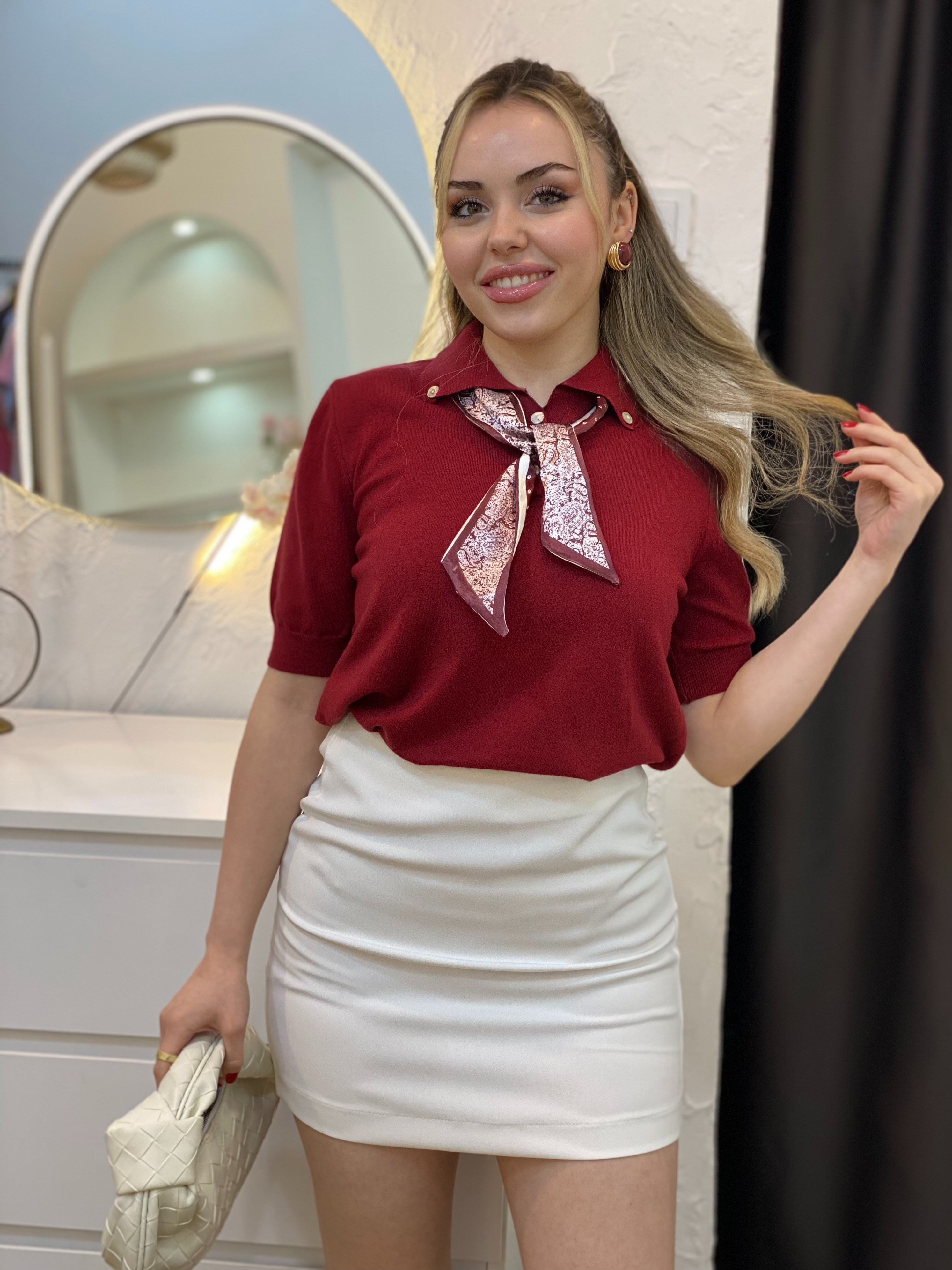 Bordo Fularlı Polo Yaka Triko Bluz