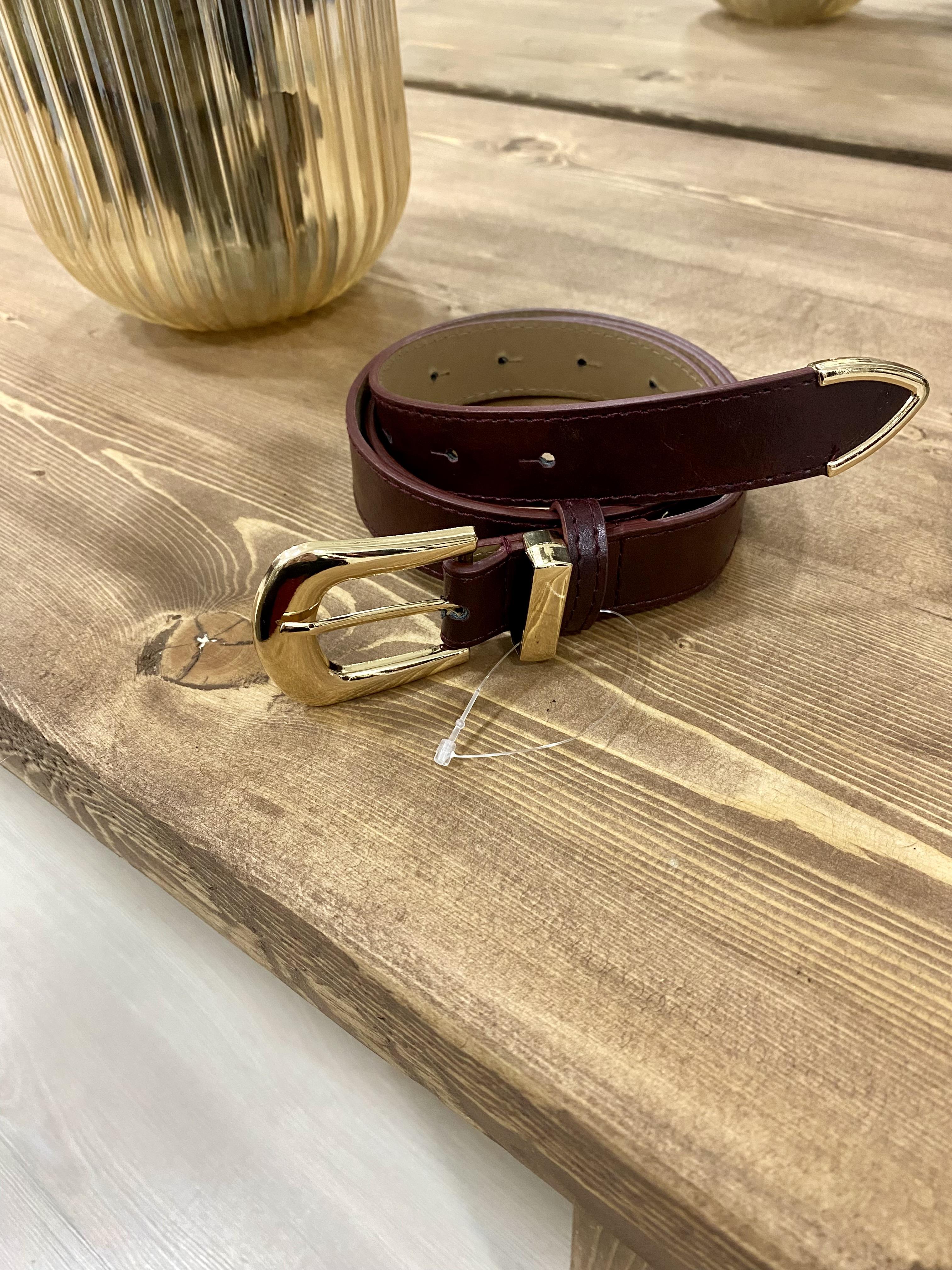 Bordo Gold Oval Tokalı Deri Kemer