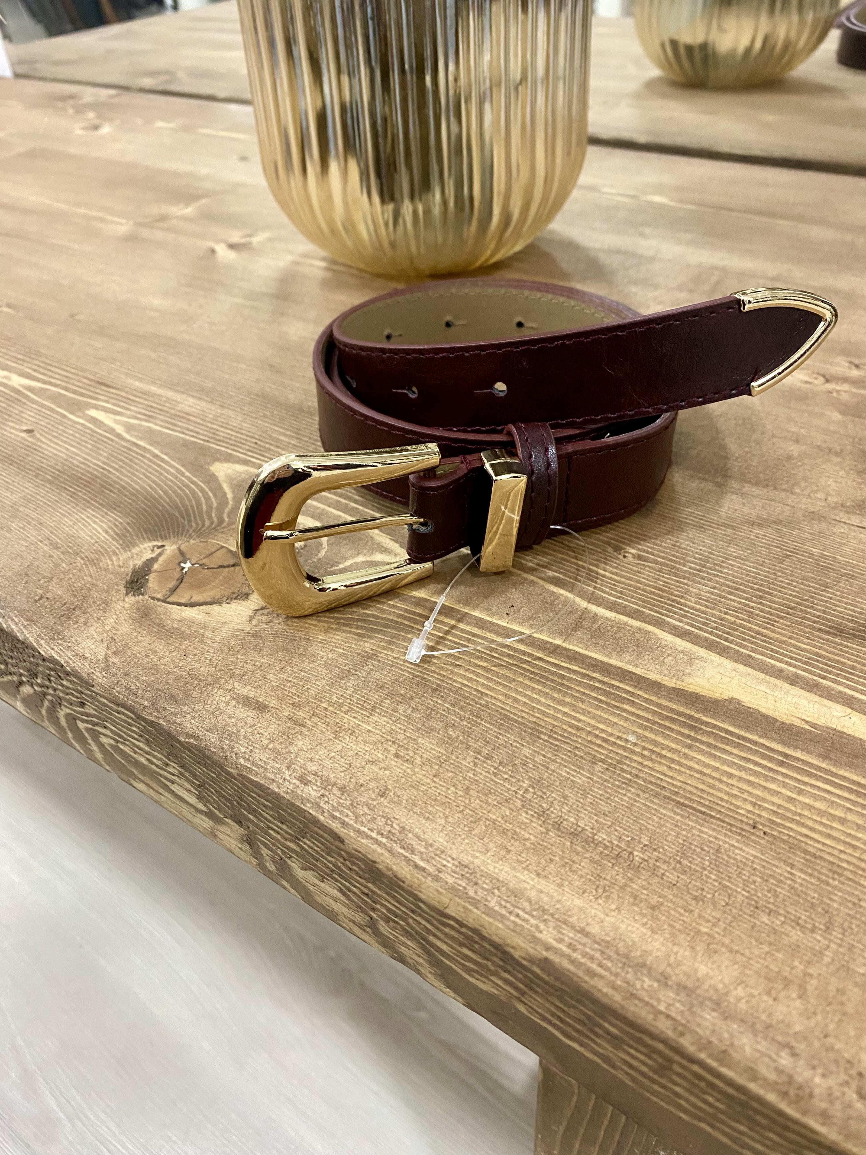 Bordo Gold Oval Tokalı Deri Kemer