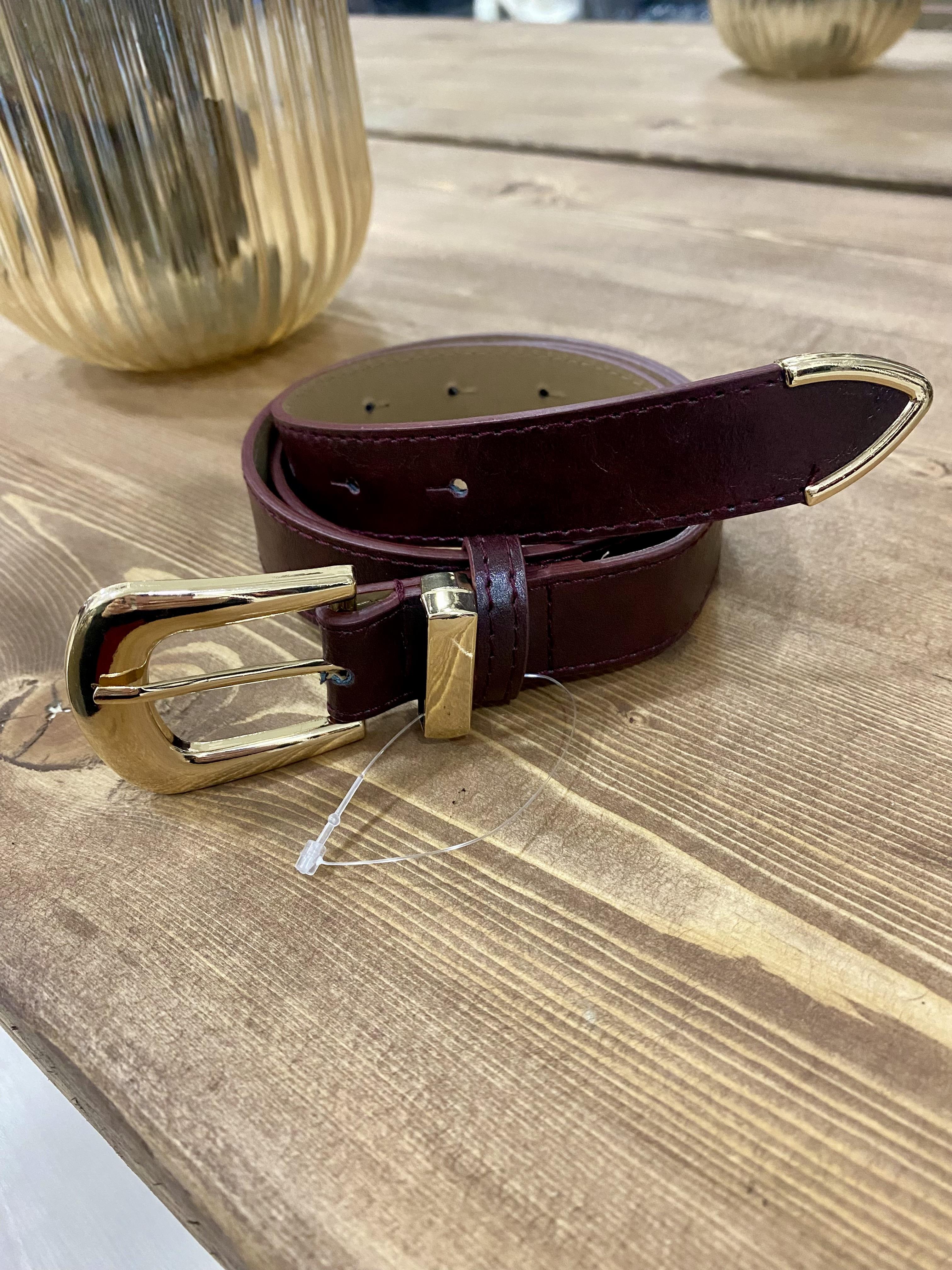 Bordo Gold Oval Tokalı Deri Kemer