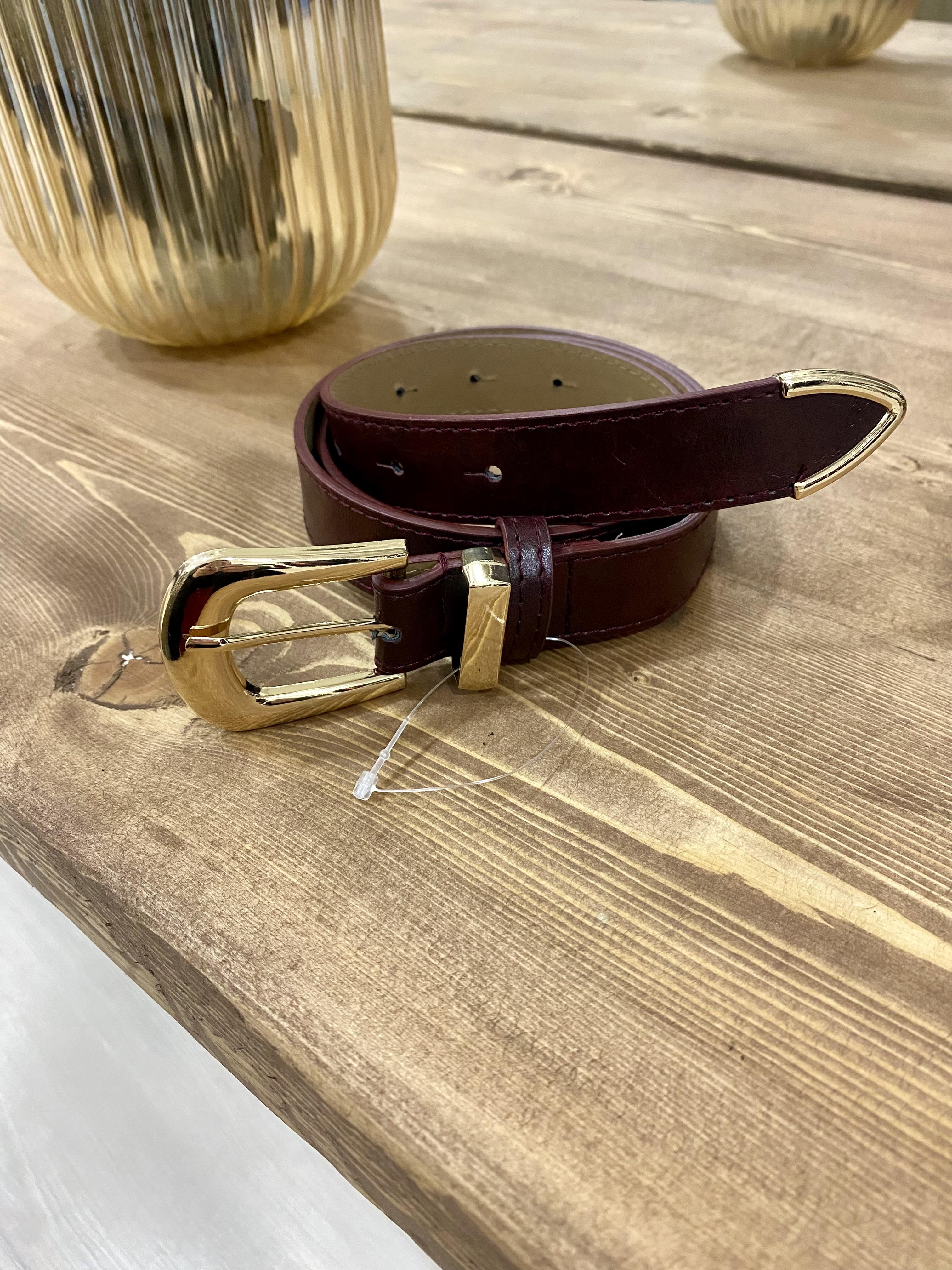 Bordo Gold Oval Tokalı Deri Kemer