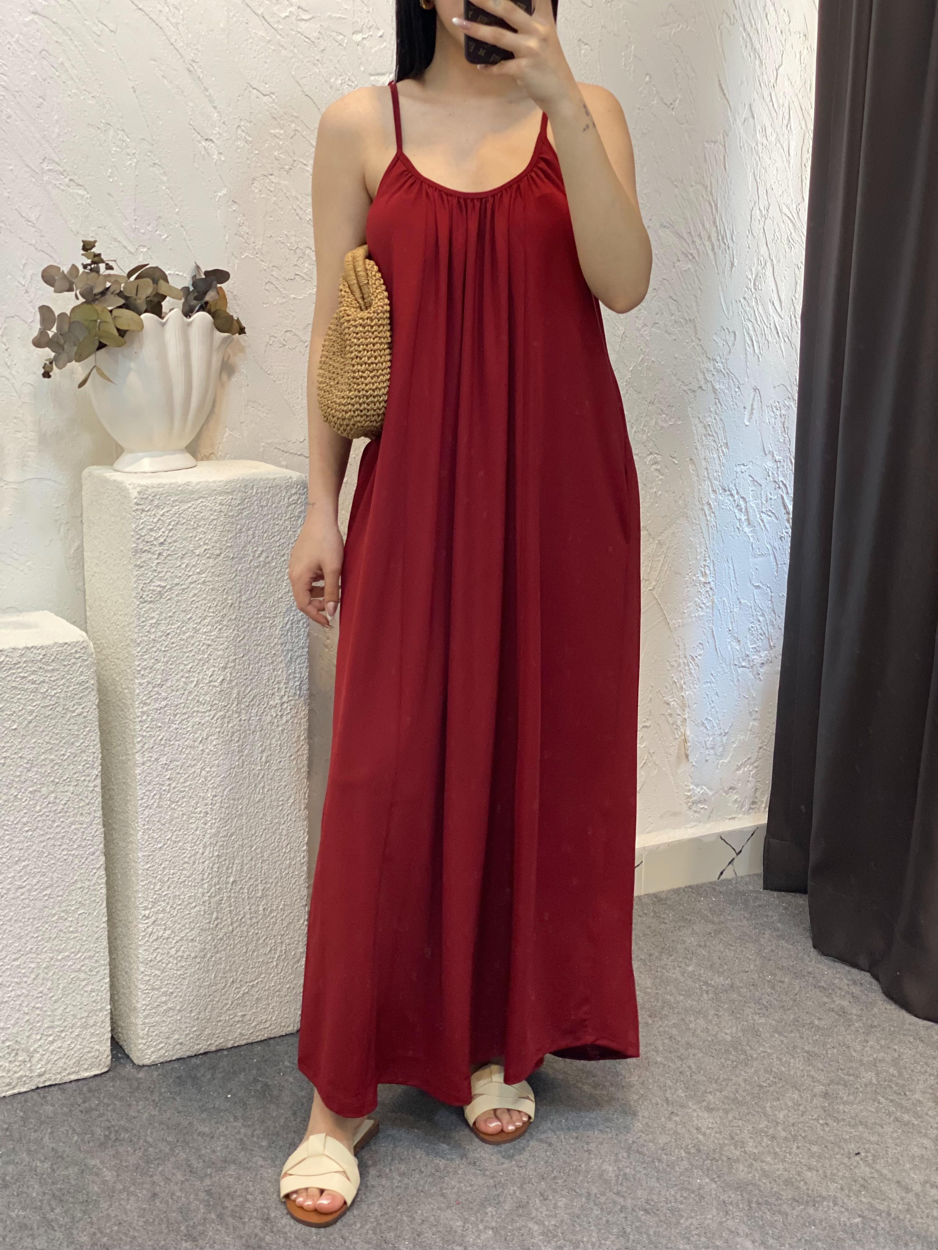 Bordo İp Ayarlanabilir Askılı Modal Kumaş Elbise 