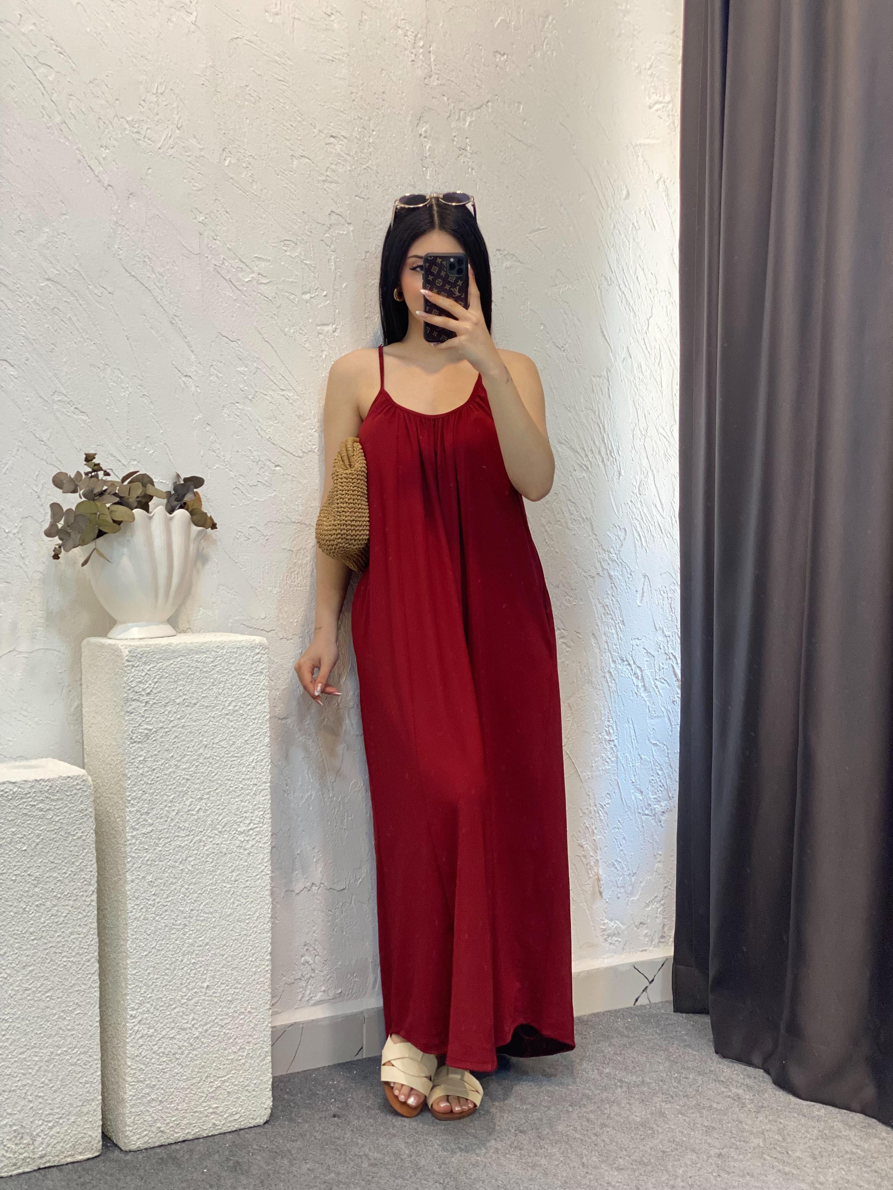 Bordo İp Ayarlanabilir Askılı Modal Kumaş Elbise 