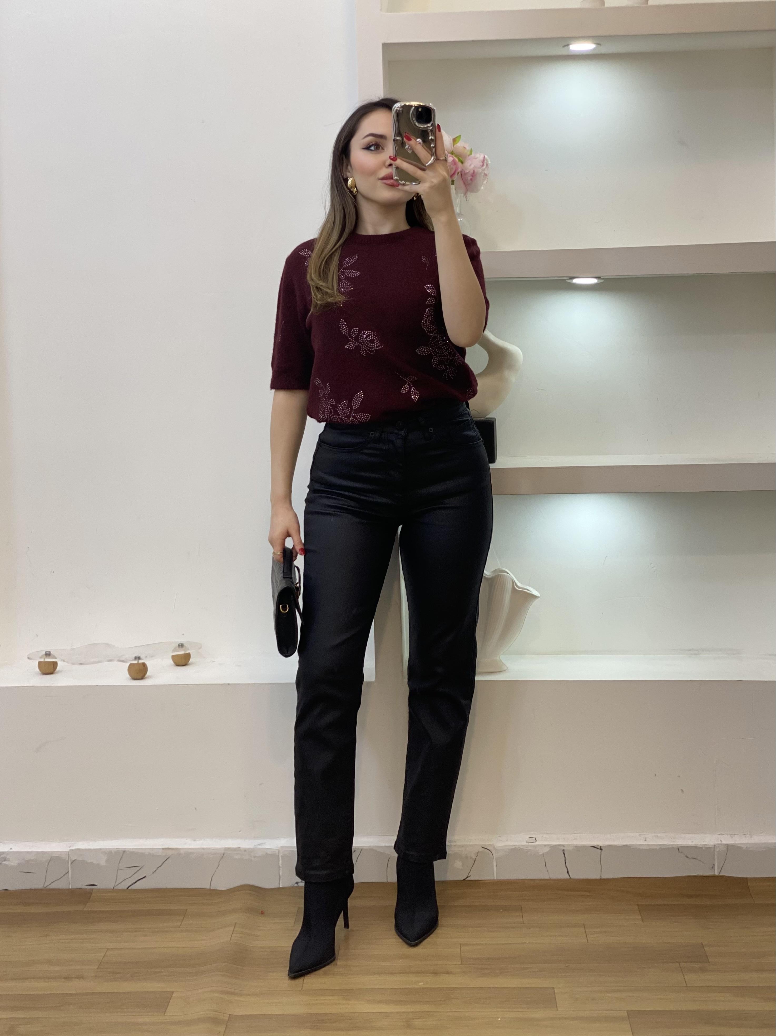 Bordo Kaşmir Dokulu Taşlı Kazak