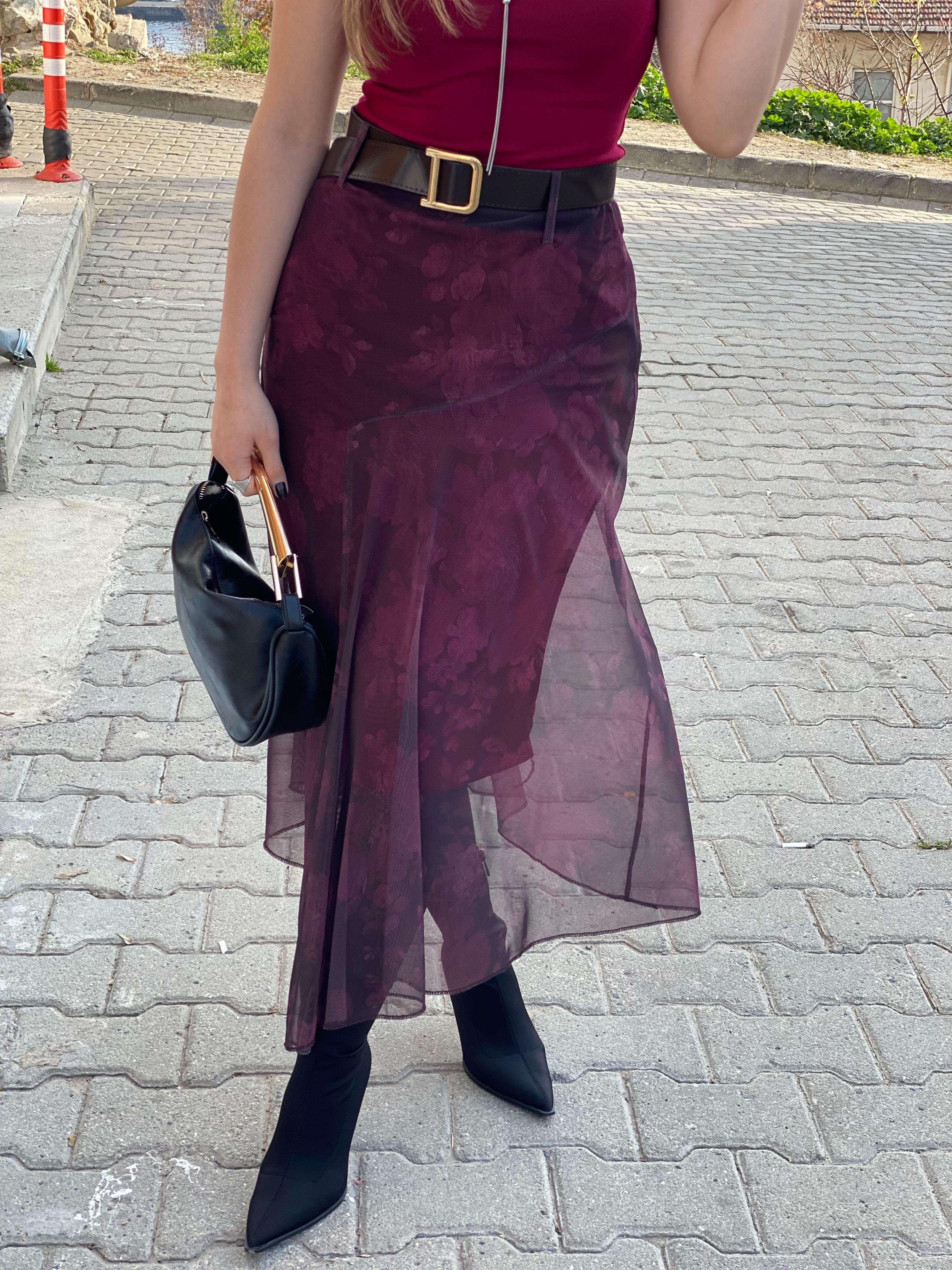 Bordo Desenli Tül Etek