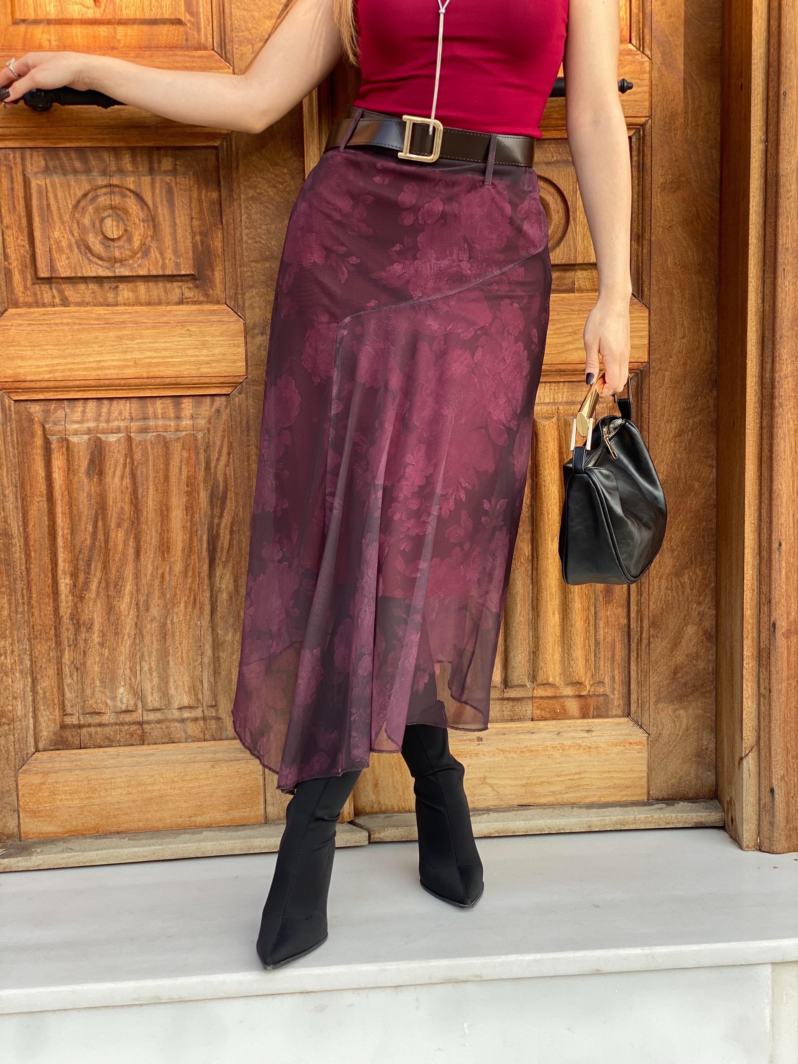 Bordo Desenli Tül Etek