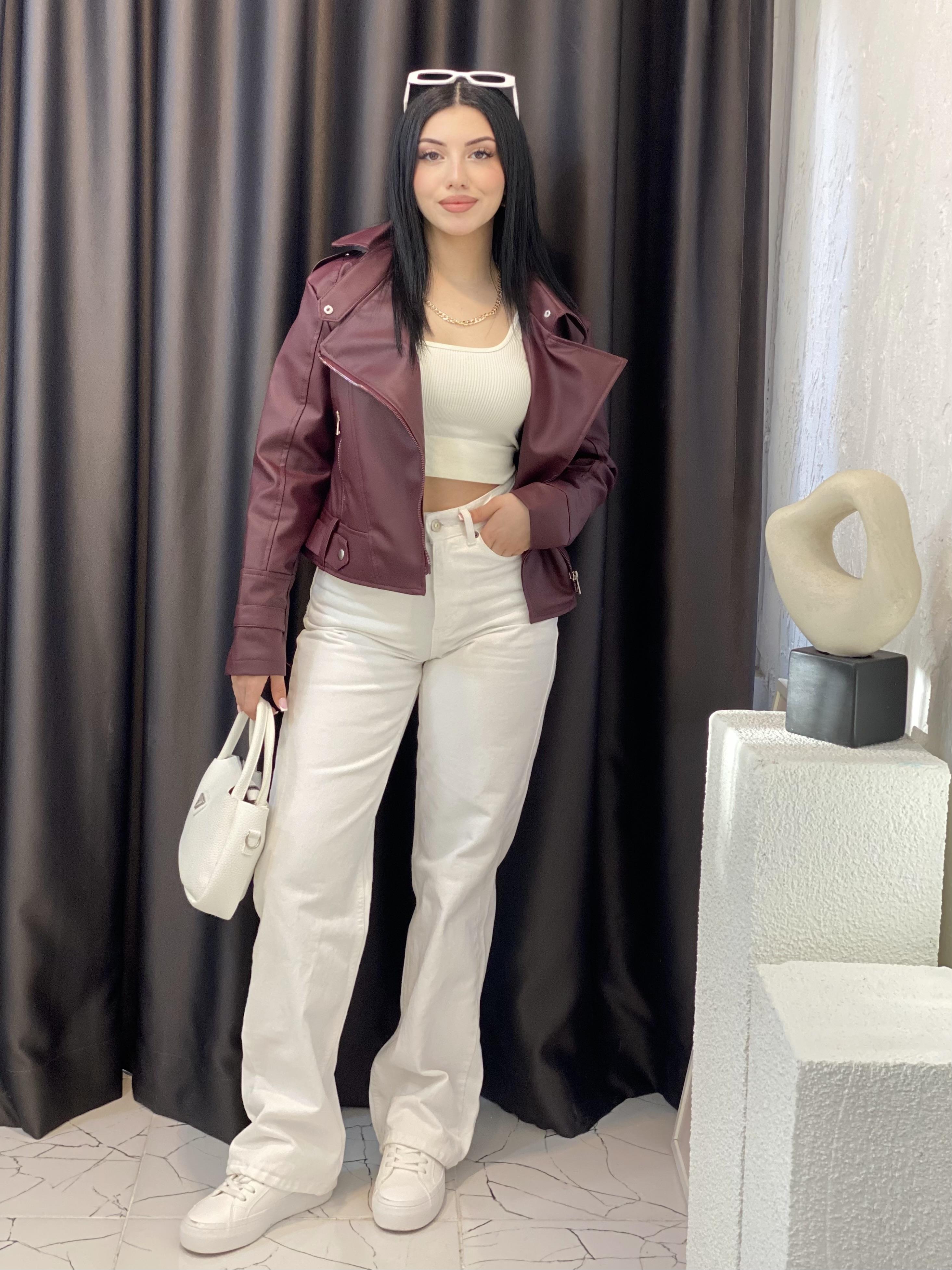 Bordo Kruvaze Yaka Deri Ceket 