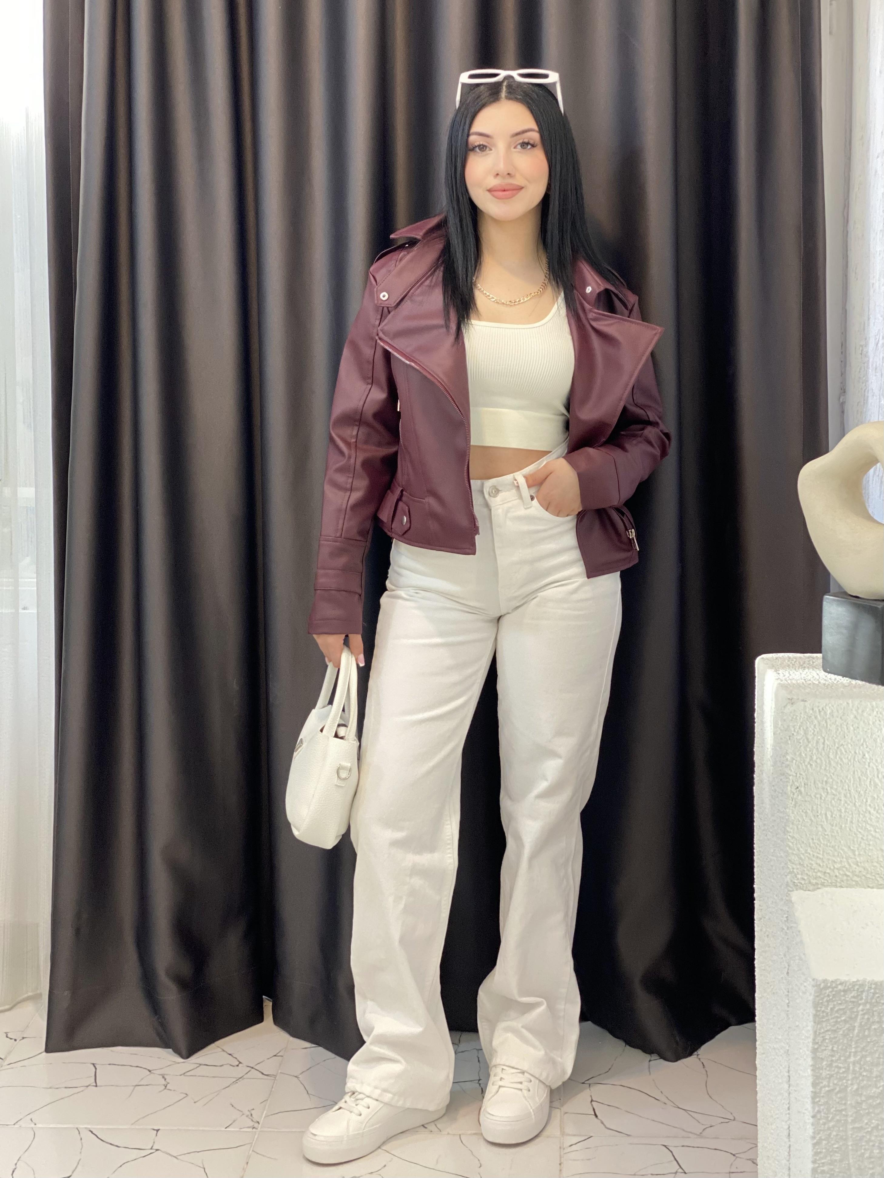 Bordo Kruvaze Yaka Deri Ceket 