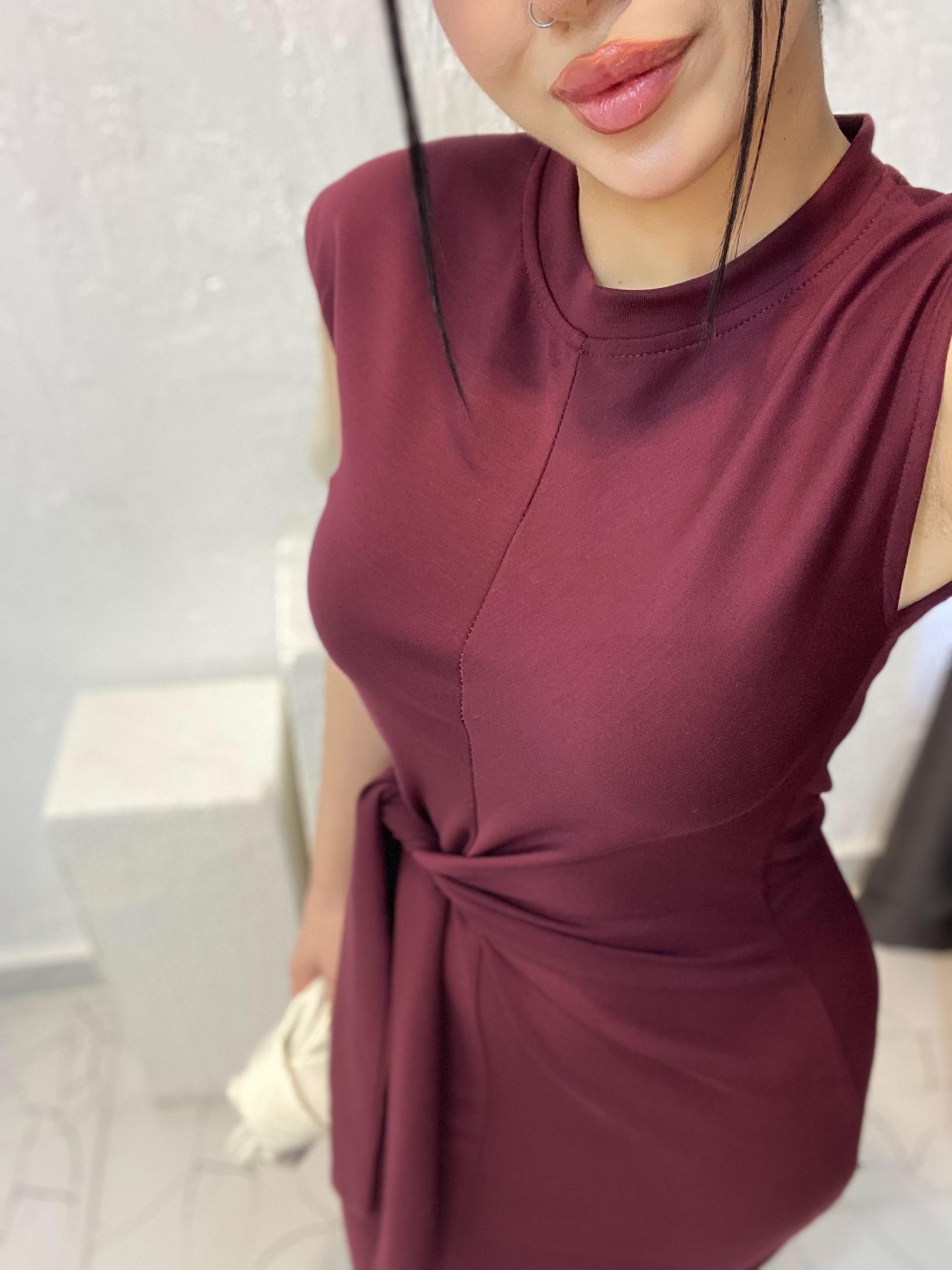 Bordo Kuşak Detaylı Modal Kumaş Elbise 