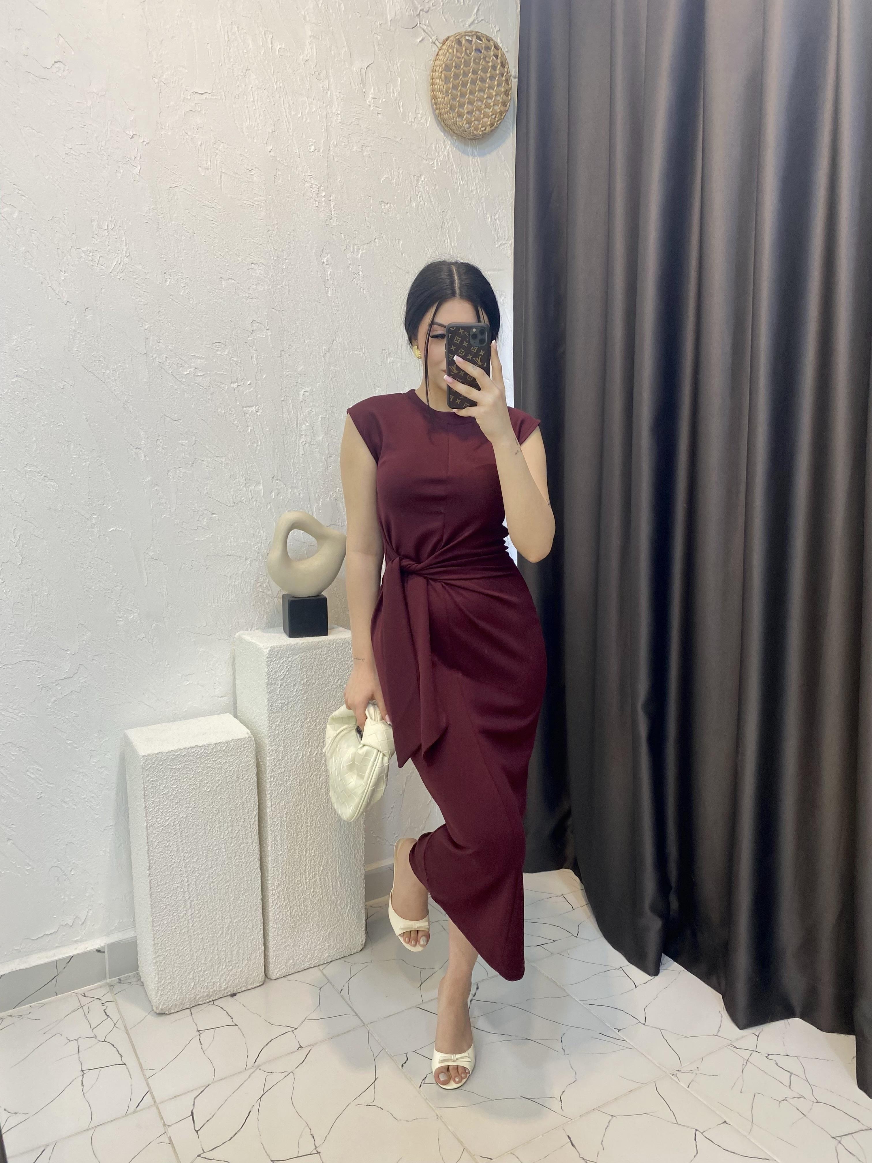 Bordo Kuşak Detaylı Modal Kumaş Elbise 