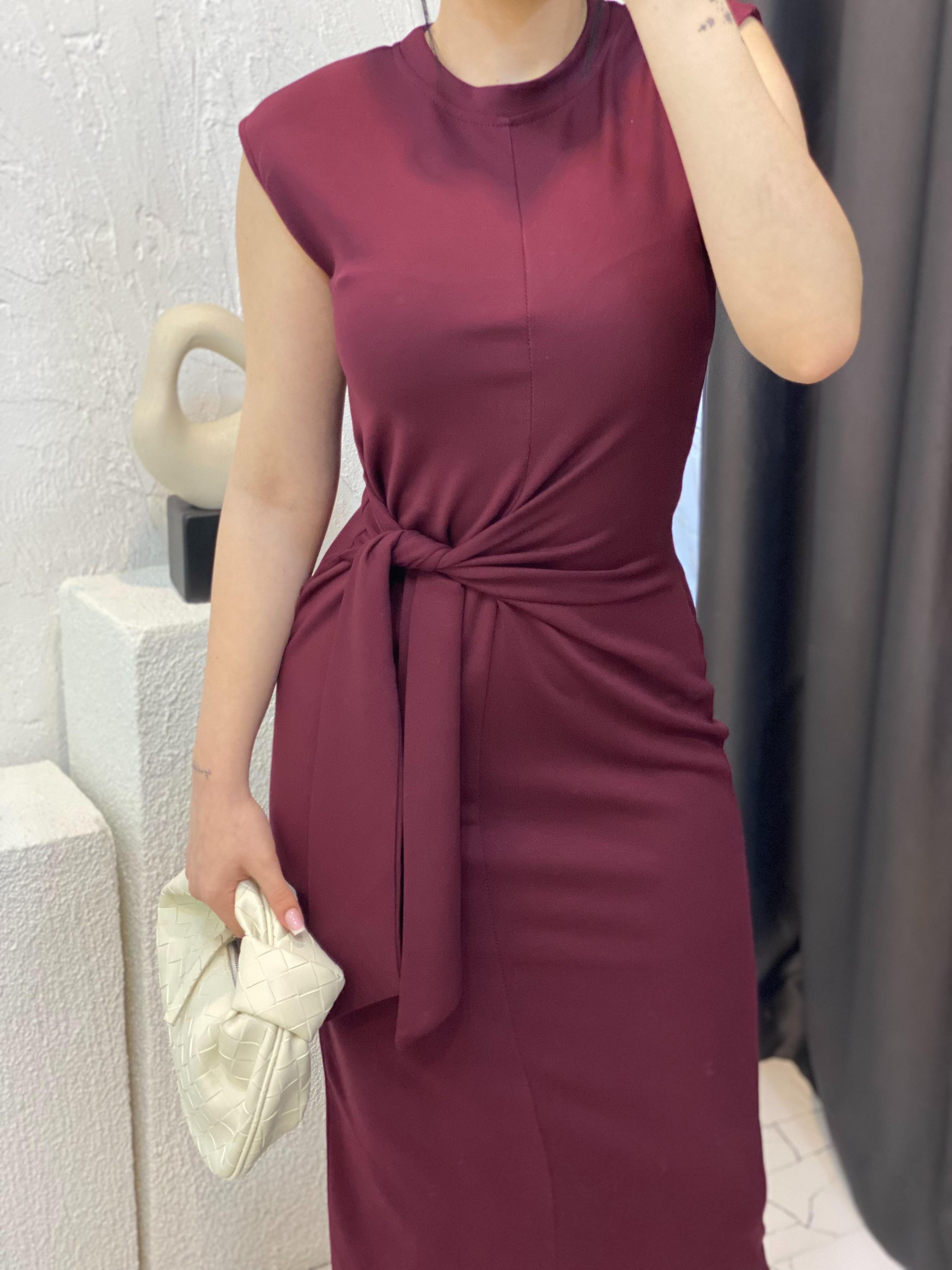 Bordo Kuşak Detaylı Modal Kumaş Elbise 