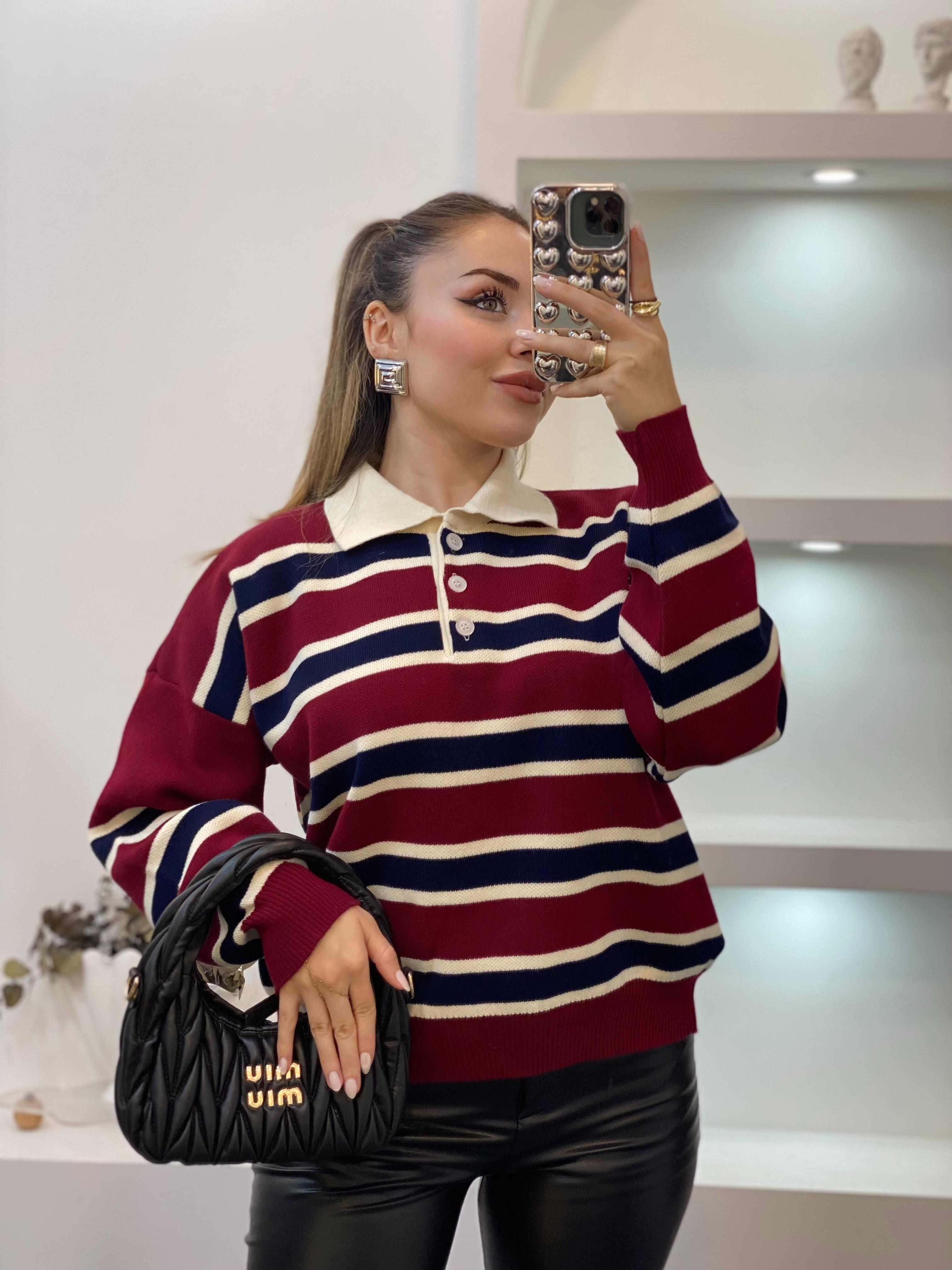 Bordo Lacivert Çizgili Triko Kazak