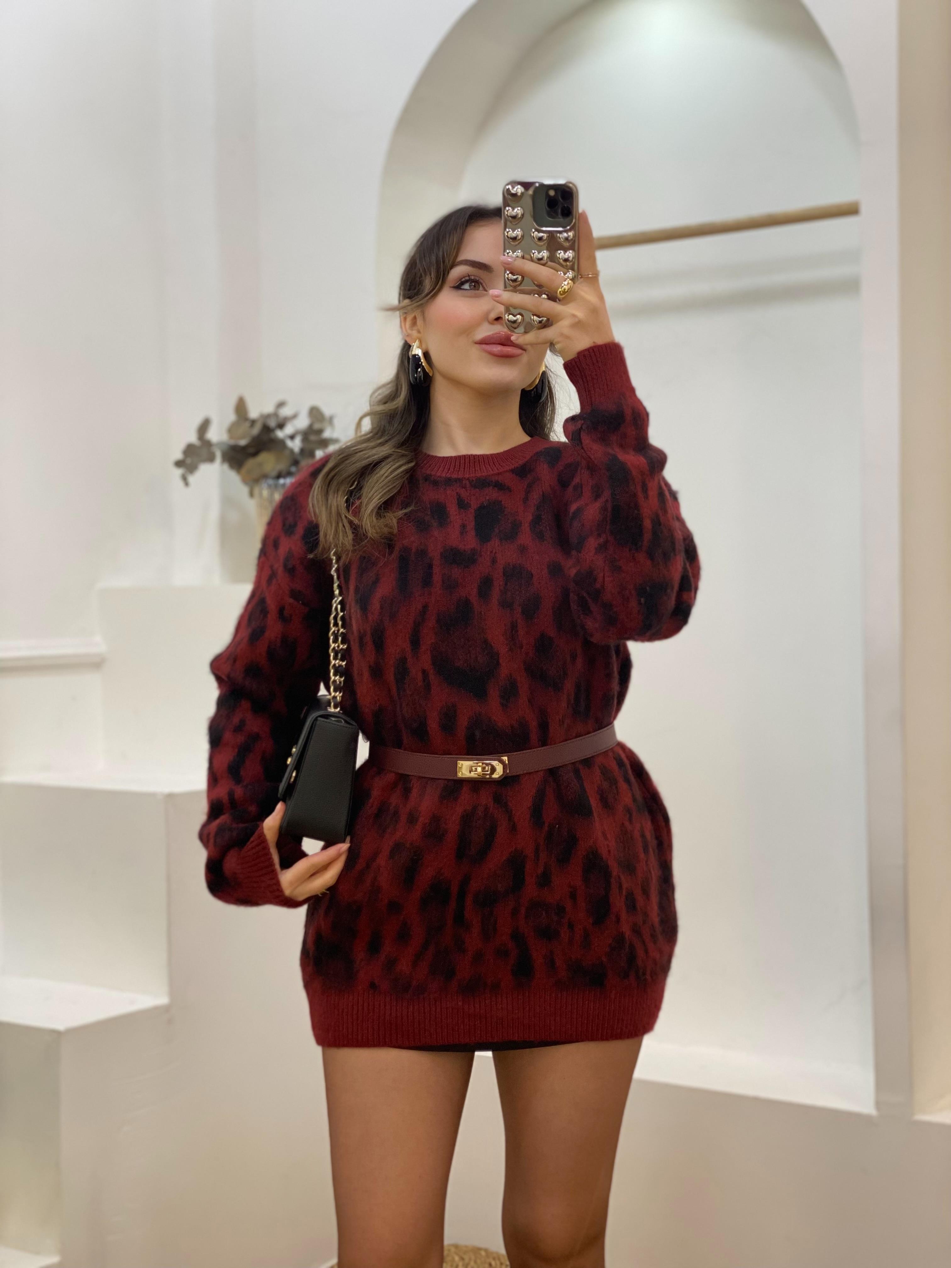 Bordo Leo Desen Kaşmir Dokulu Kazak