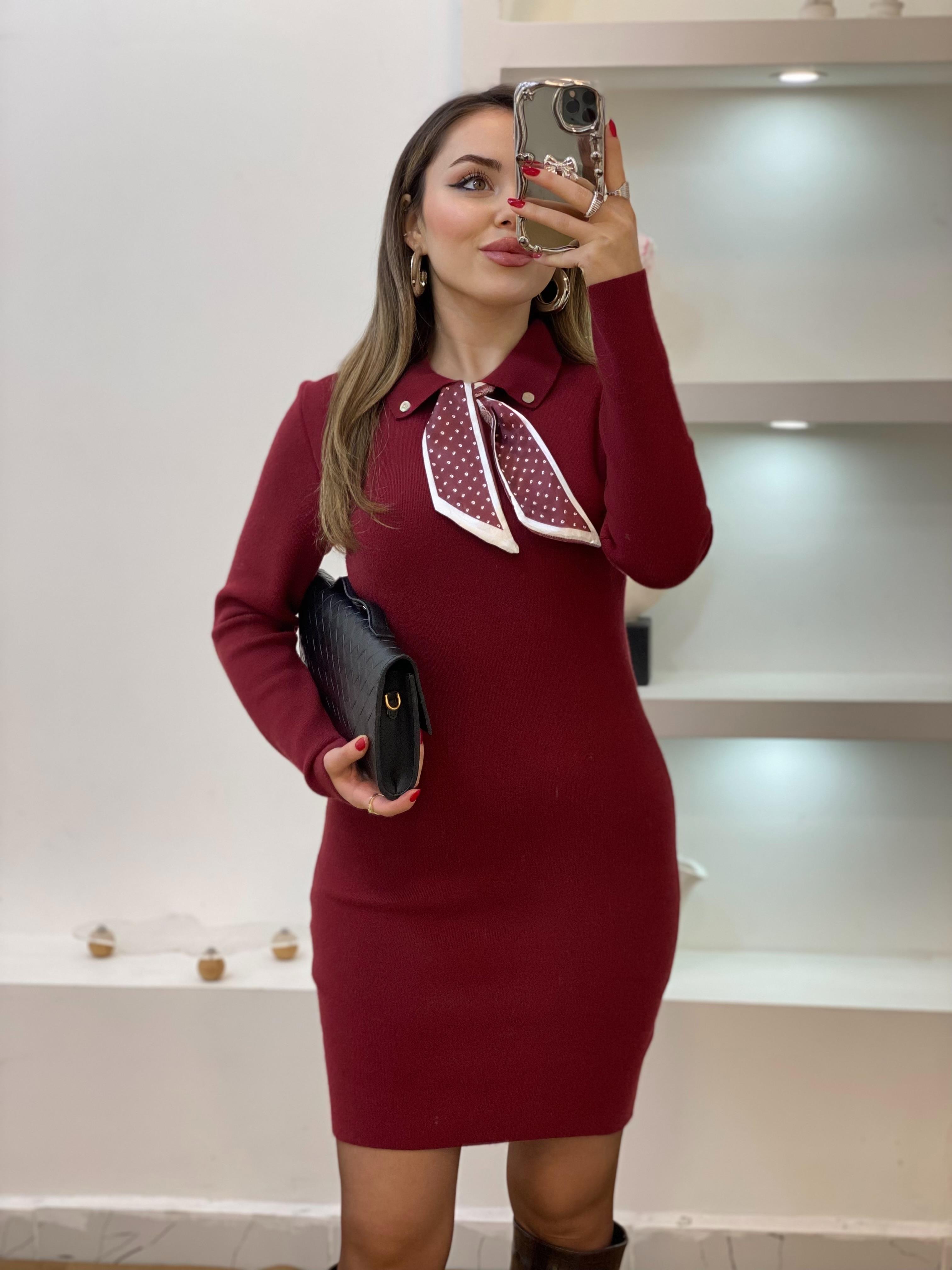 Bordo Lüx Kaite Fularlı Yumoş Dokulu Triko Elbise