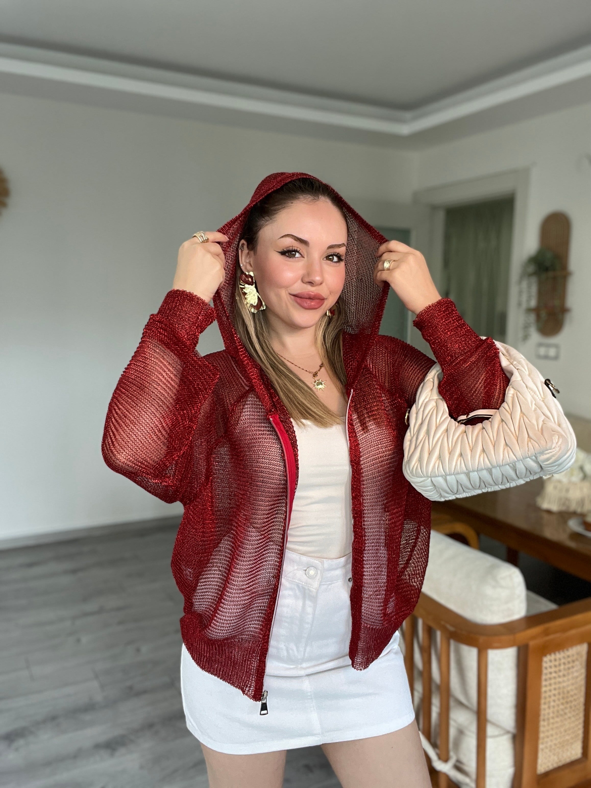 Bordo Metaik Fermuarlı Kapşonlu Hırka