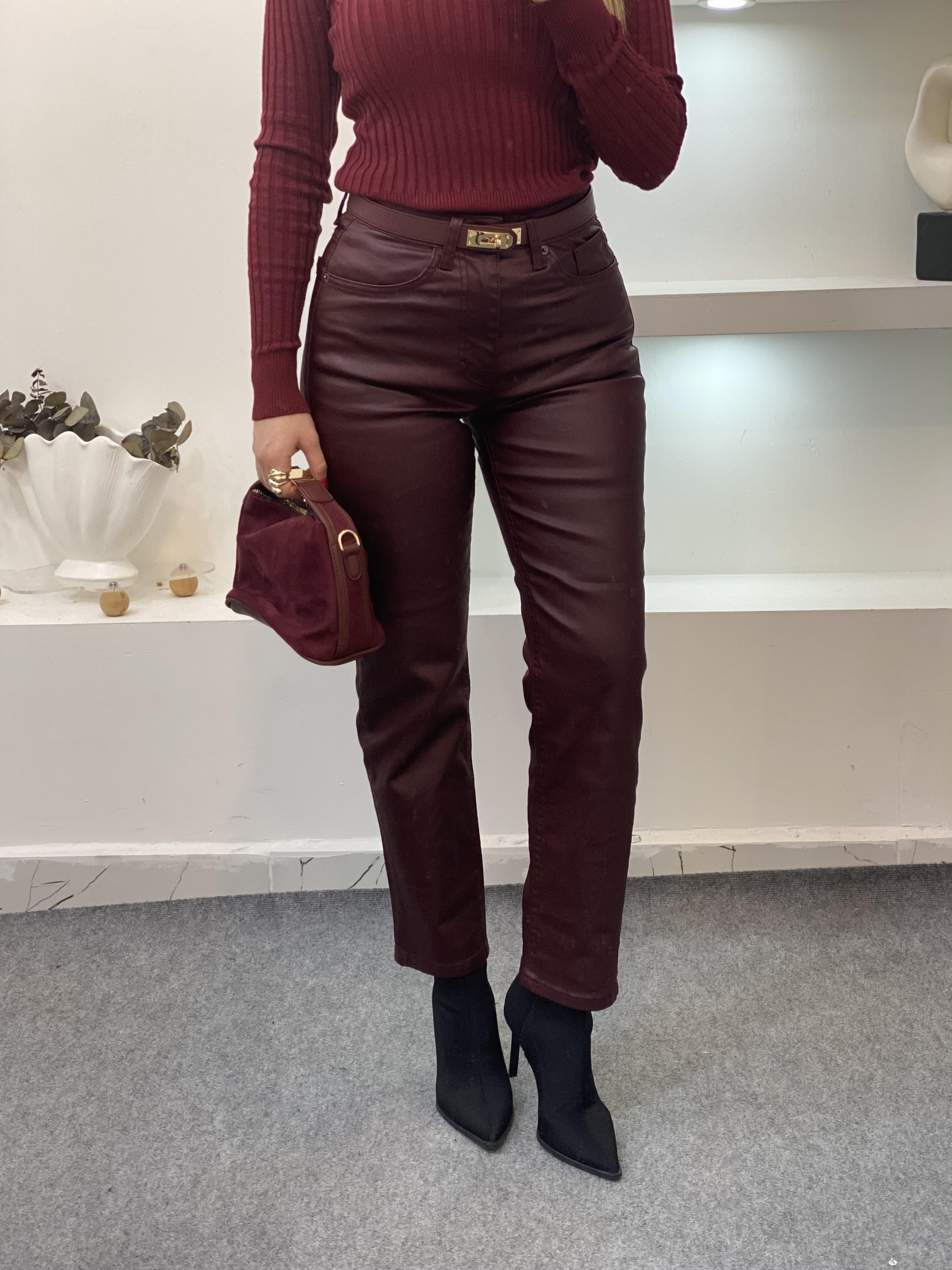Bordo Mumlu Yüksek Bel Boyfit Jean 