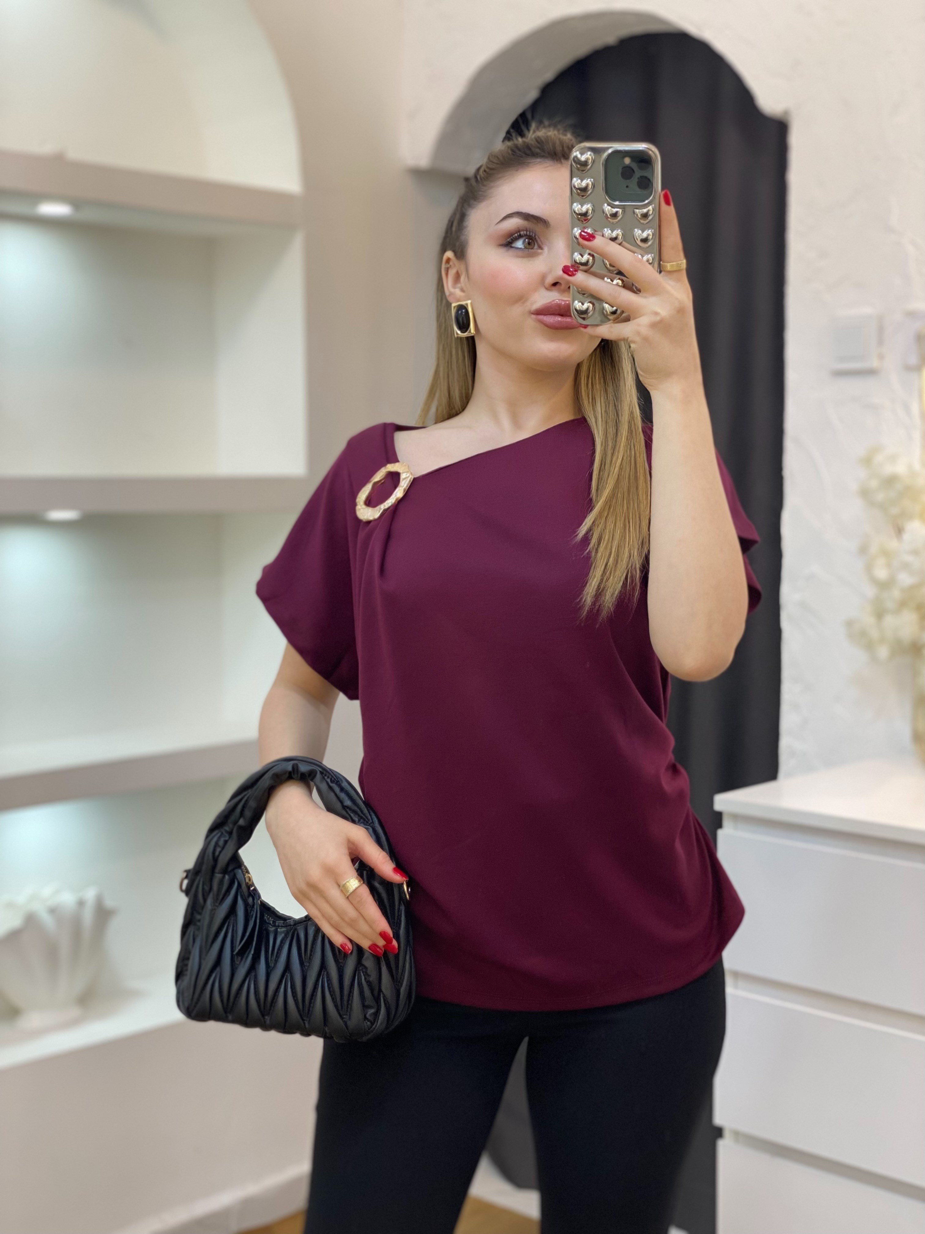 Koyu Bordo Omuz Gold Çıkarılabilir Broşlu Modal Bluz
