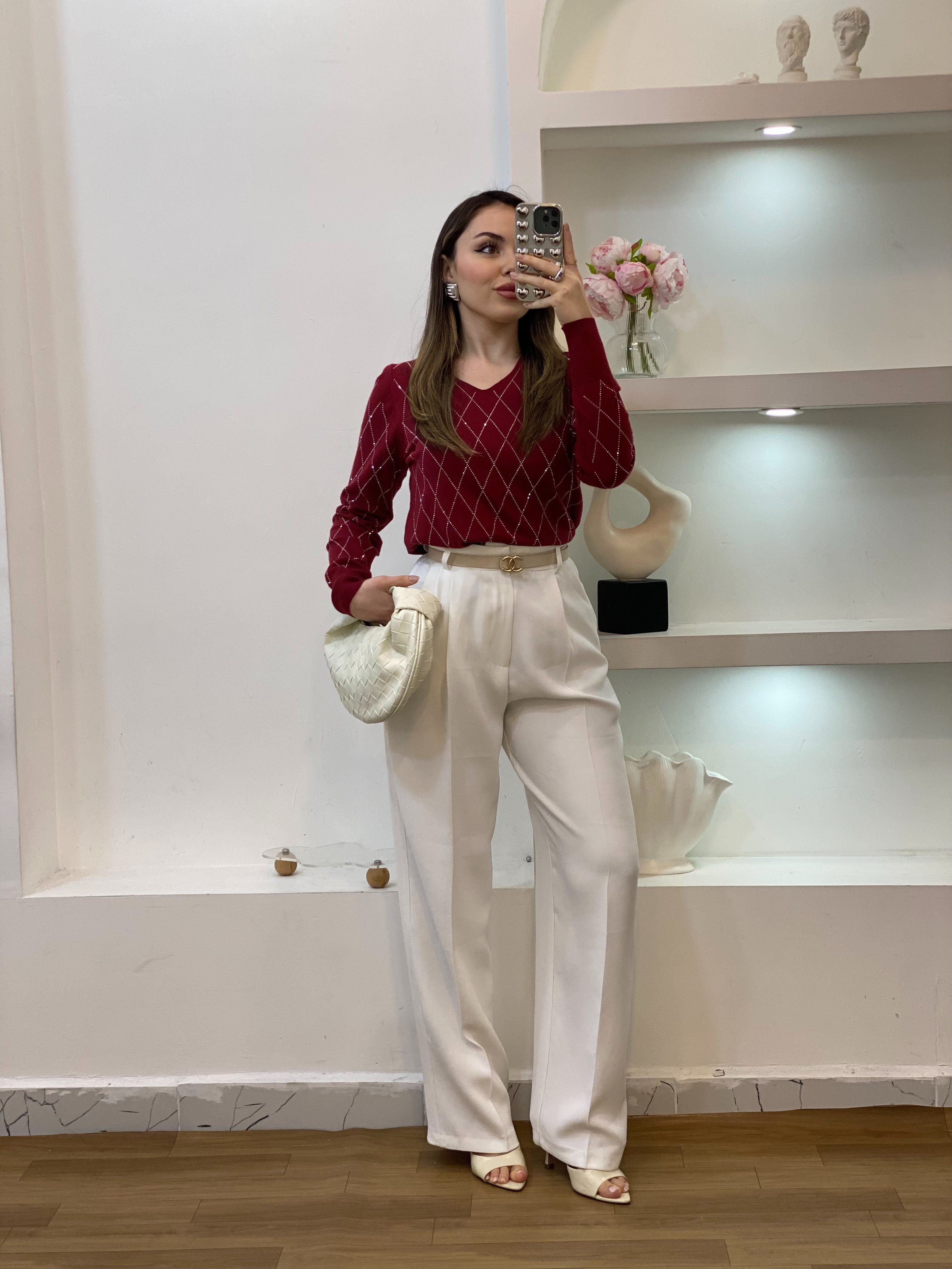Bordo Parıltılı Taşlı Baklava Desen Triko Bluz