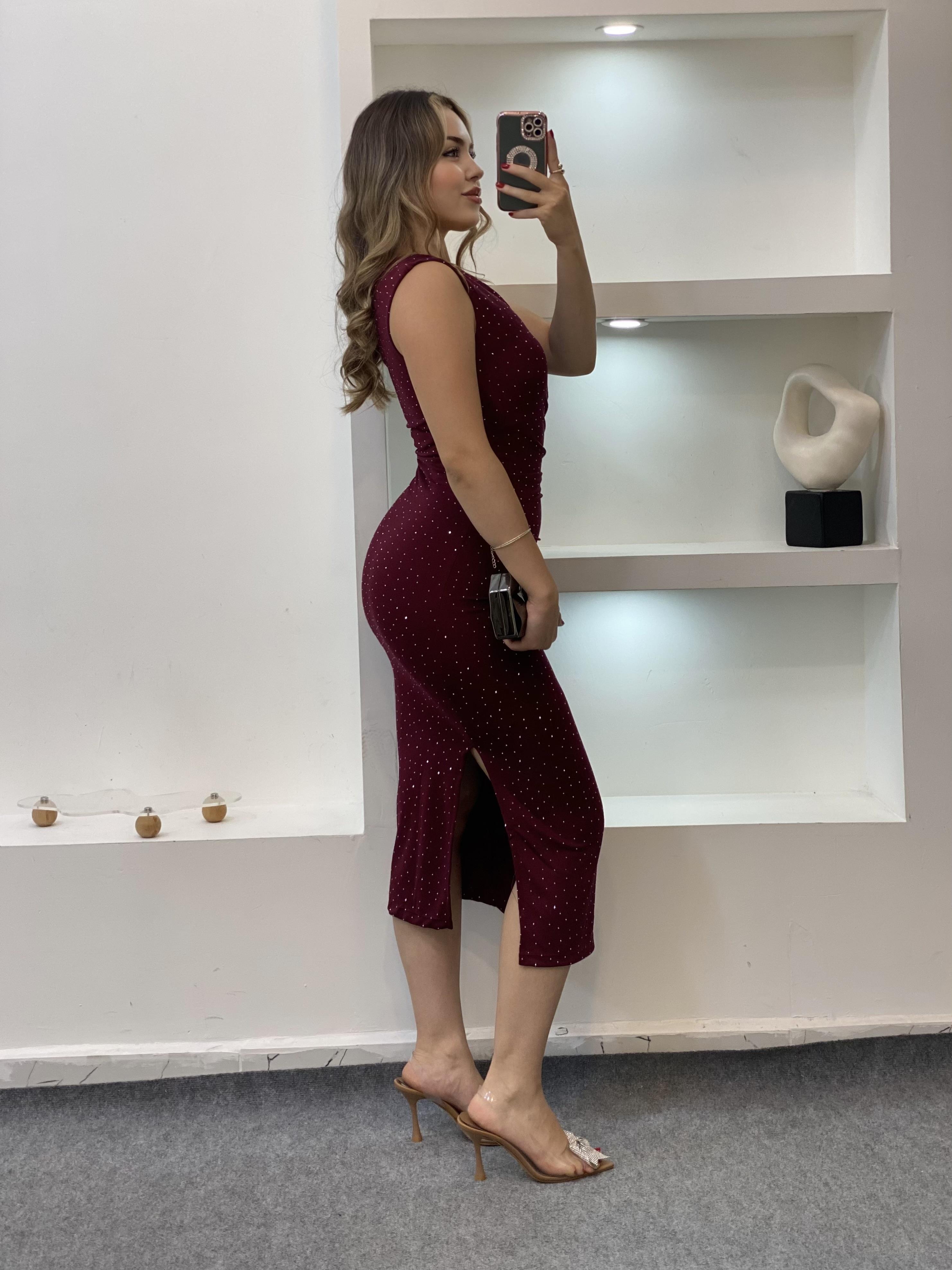 Bordo Parıltılı Taşlı Elbise
