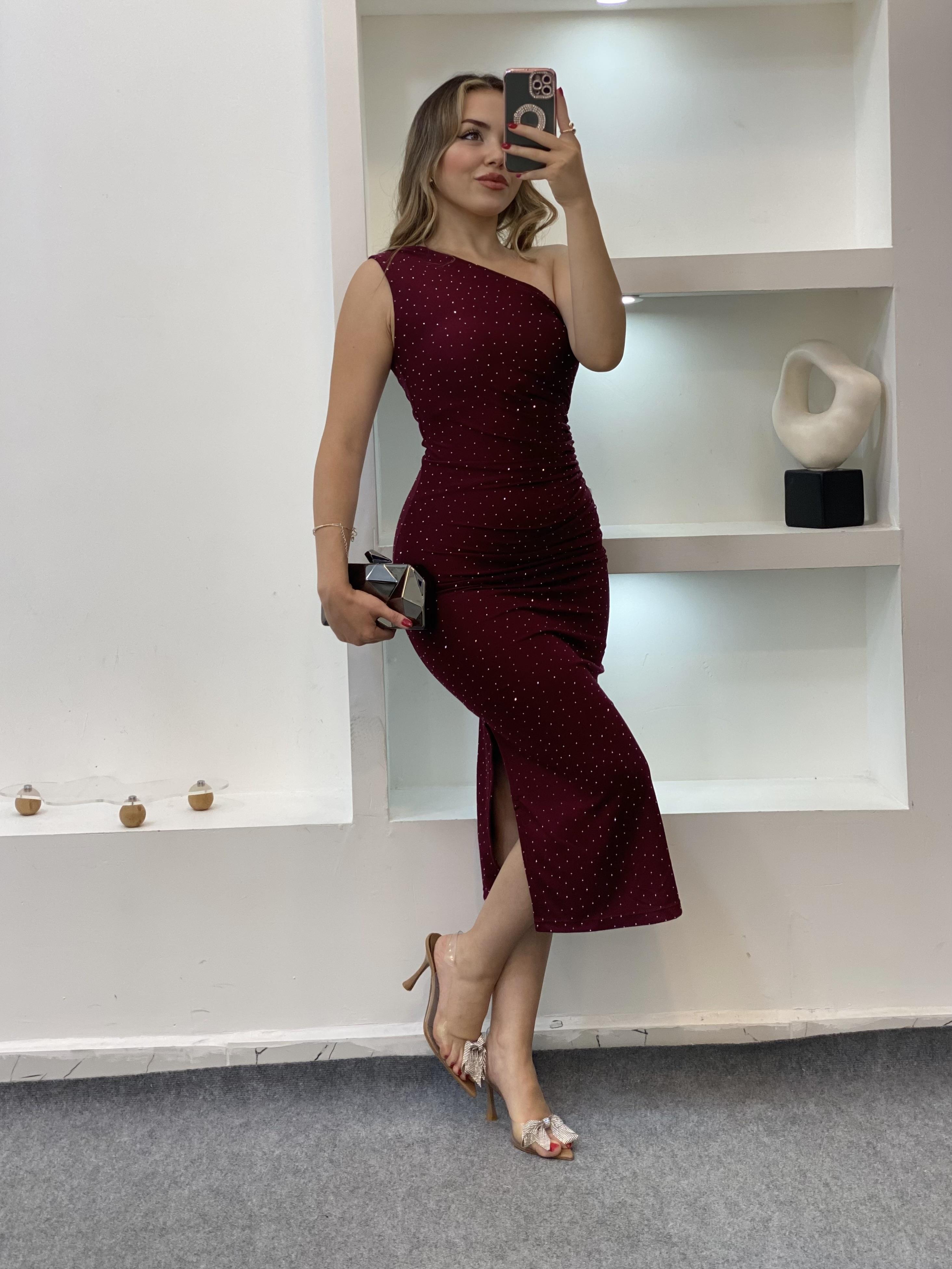Bordo Parıltılı Taşlı Elbise
