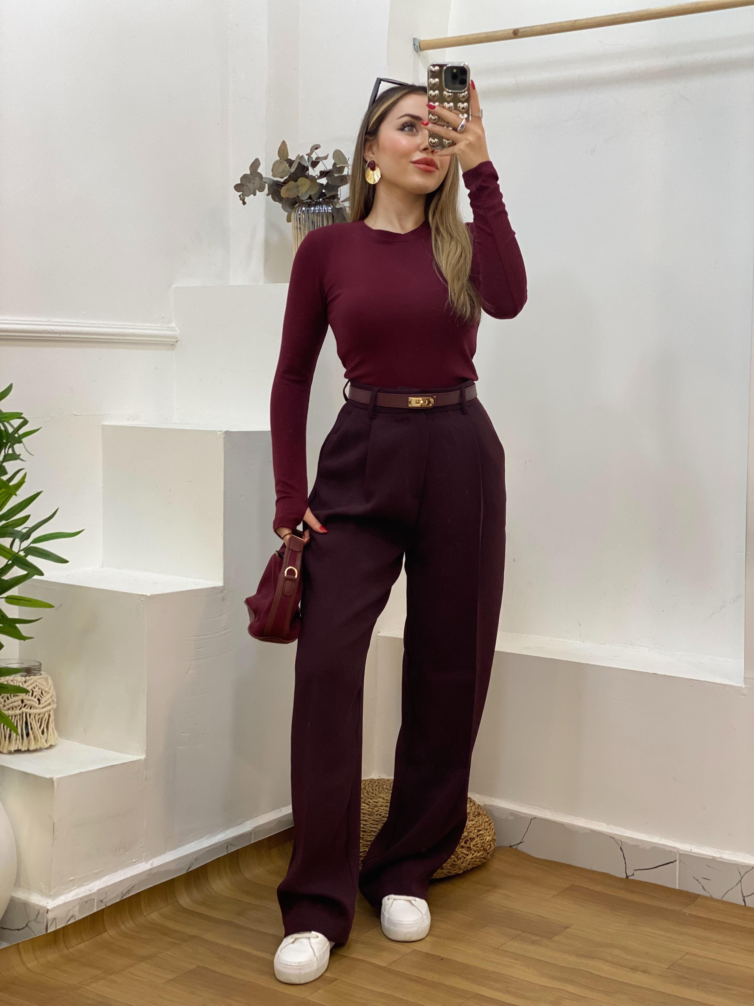 Bordo Parmak Geçirmeli Model Modal Kumaş Basic Bluz
