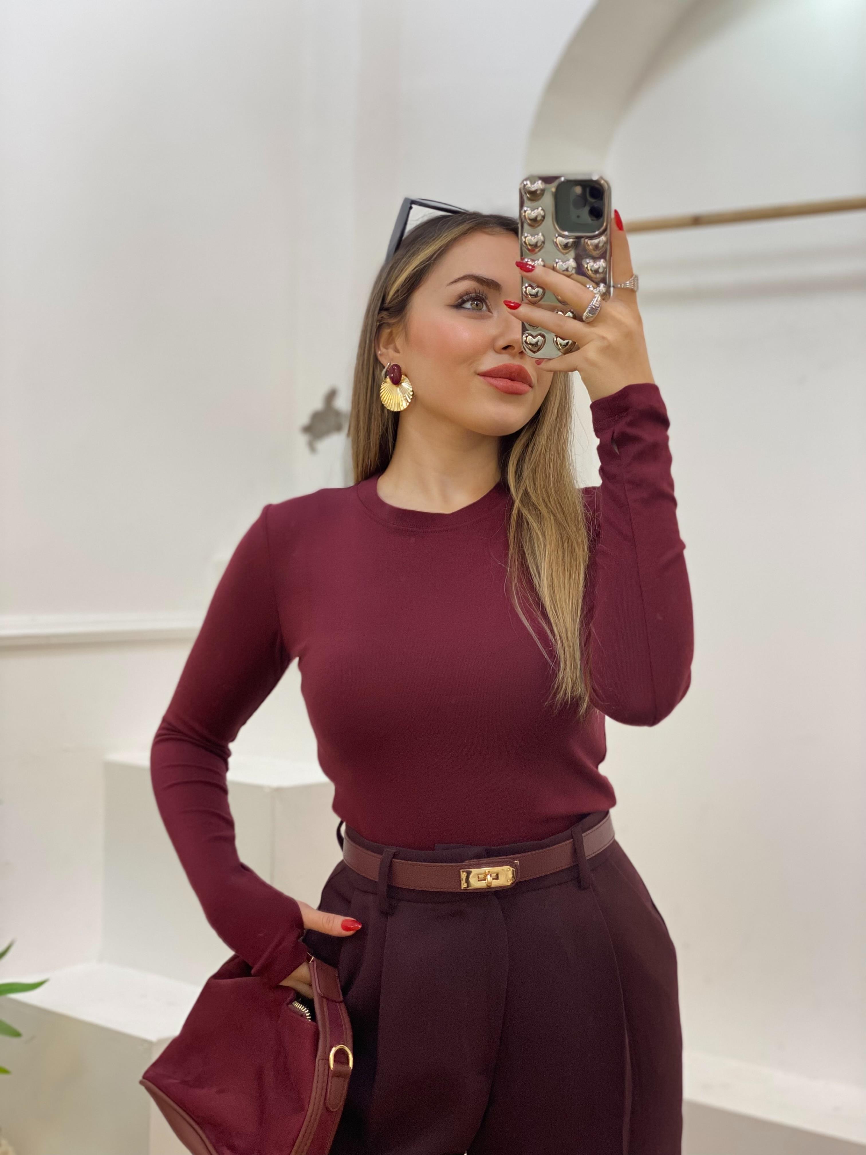 Bordo Parmak Geçirmeli Model Modal Kumaş Basic Bluz