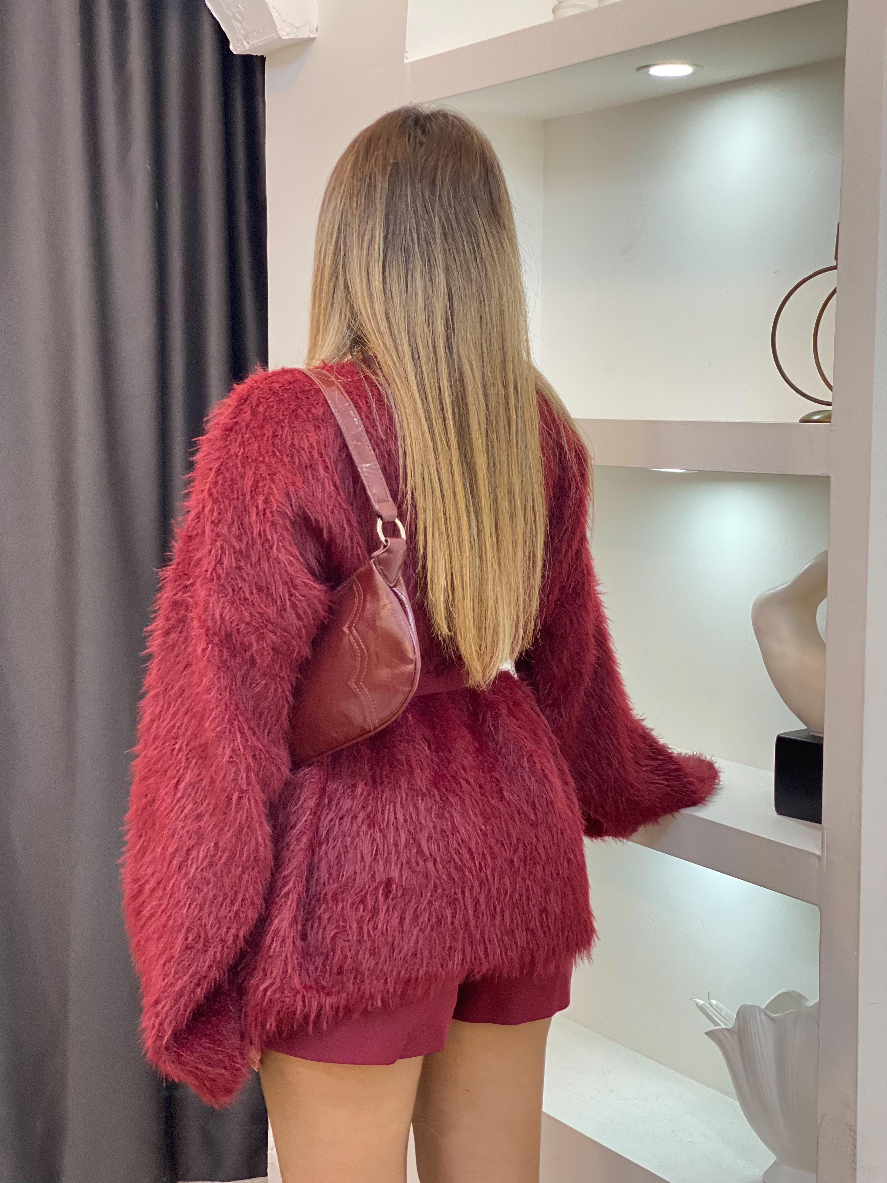 Bordo Peluş Kürk Dokulu Premium Kazak