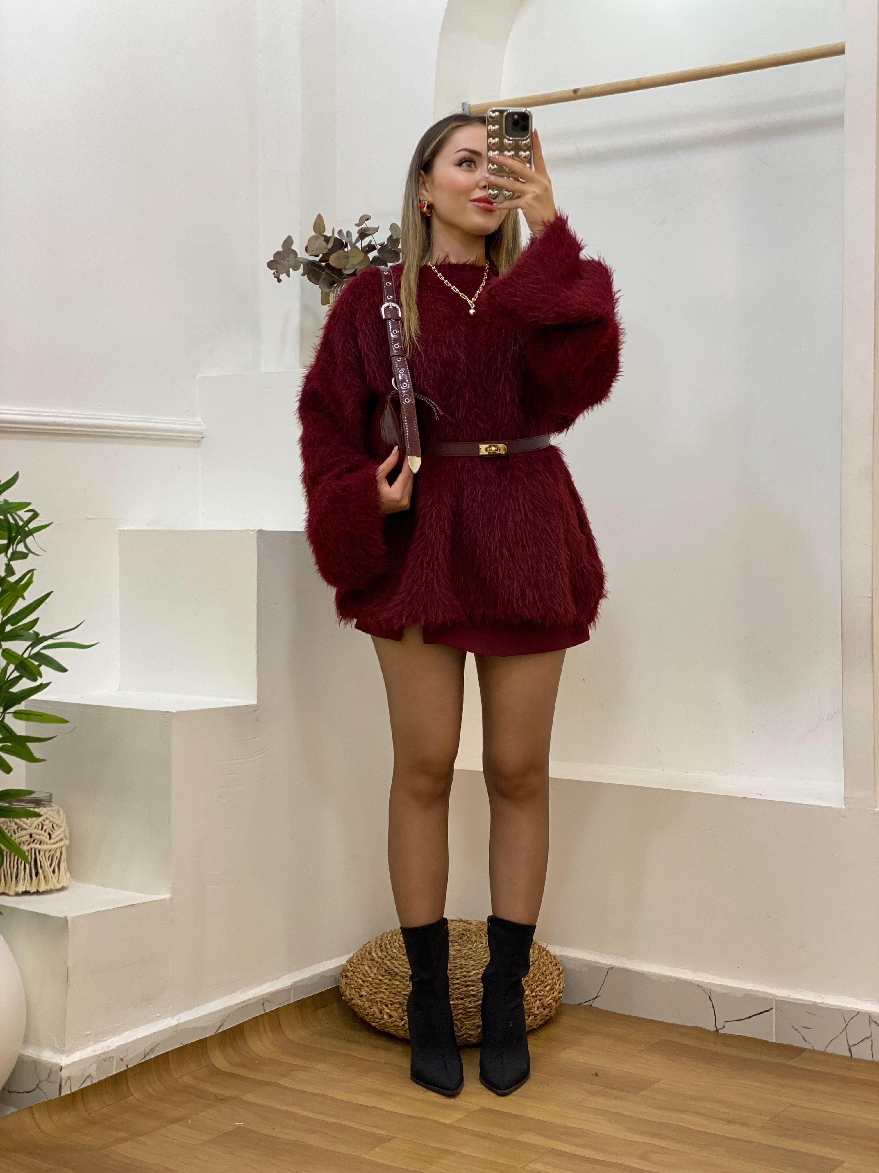 Bordo Peluş Kürk Dokulu Premium Kazak