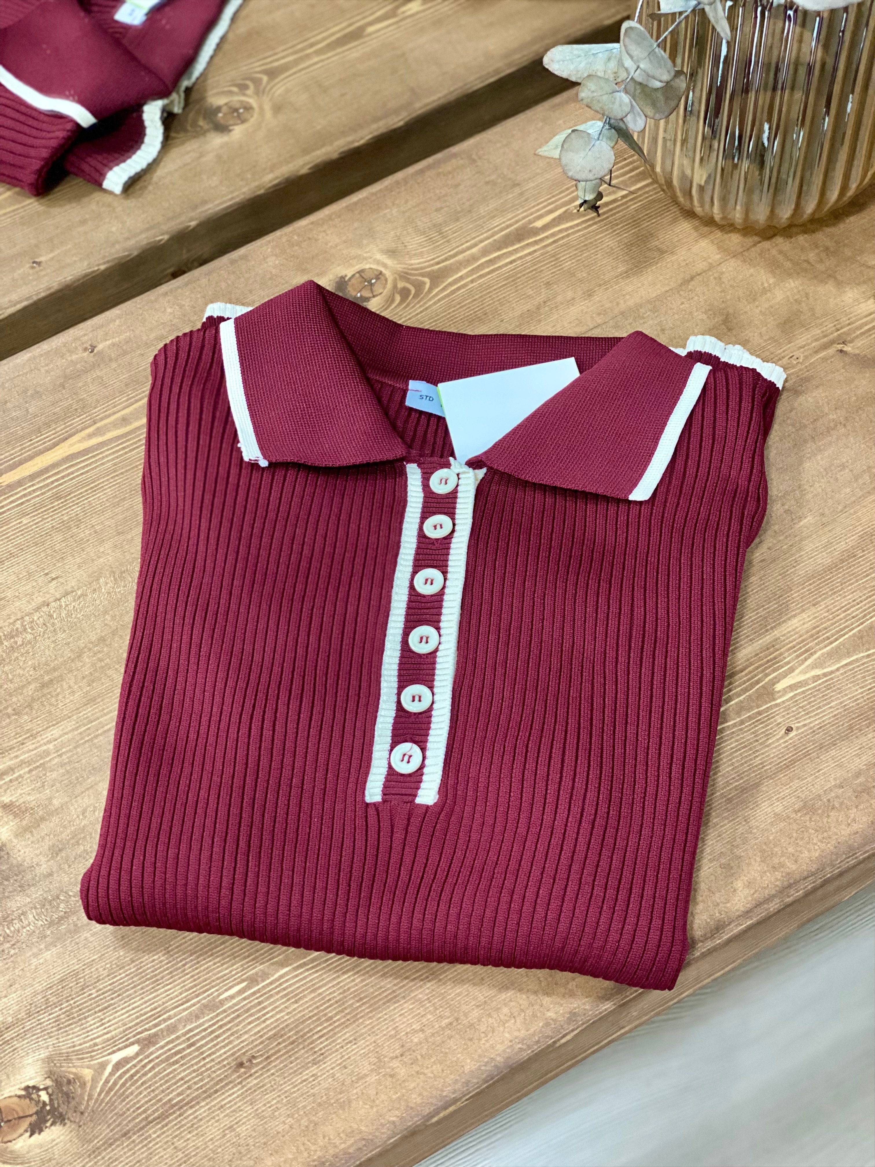 Bordo Polo Yaka Elit Triko Bluz