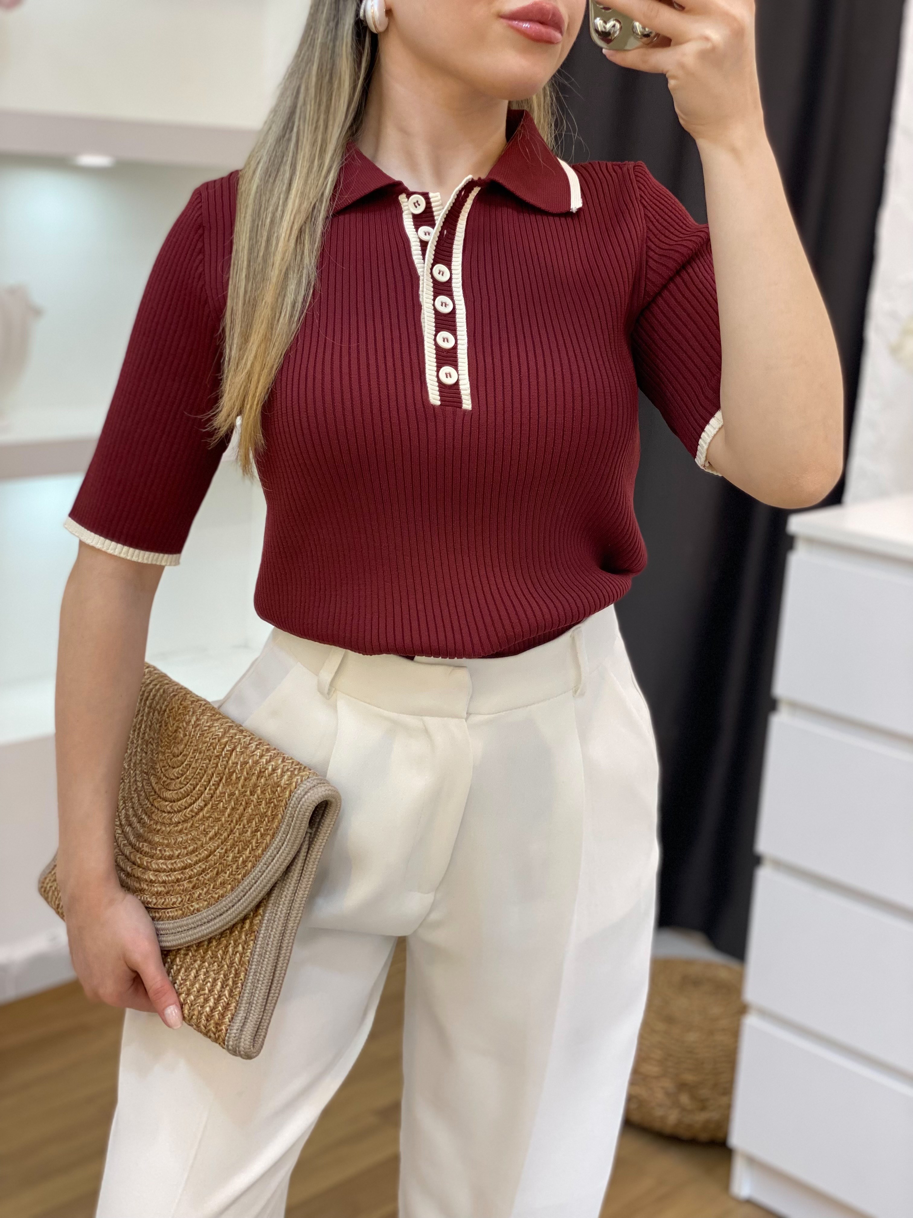 Bordo Polo Yaka Elit Triko Bluz