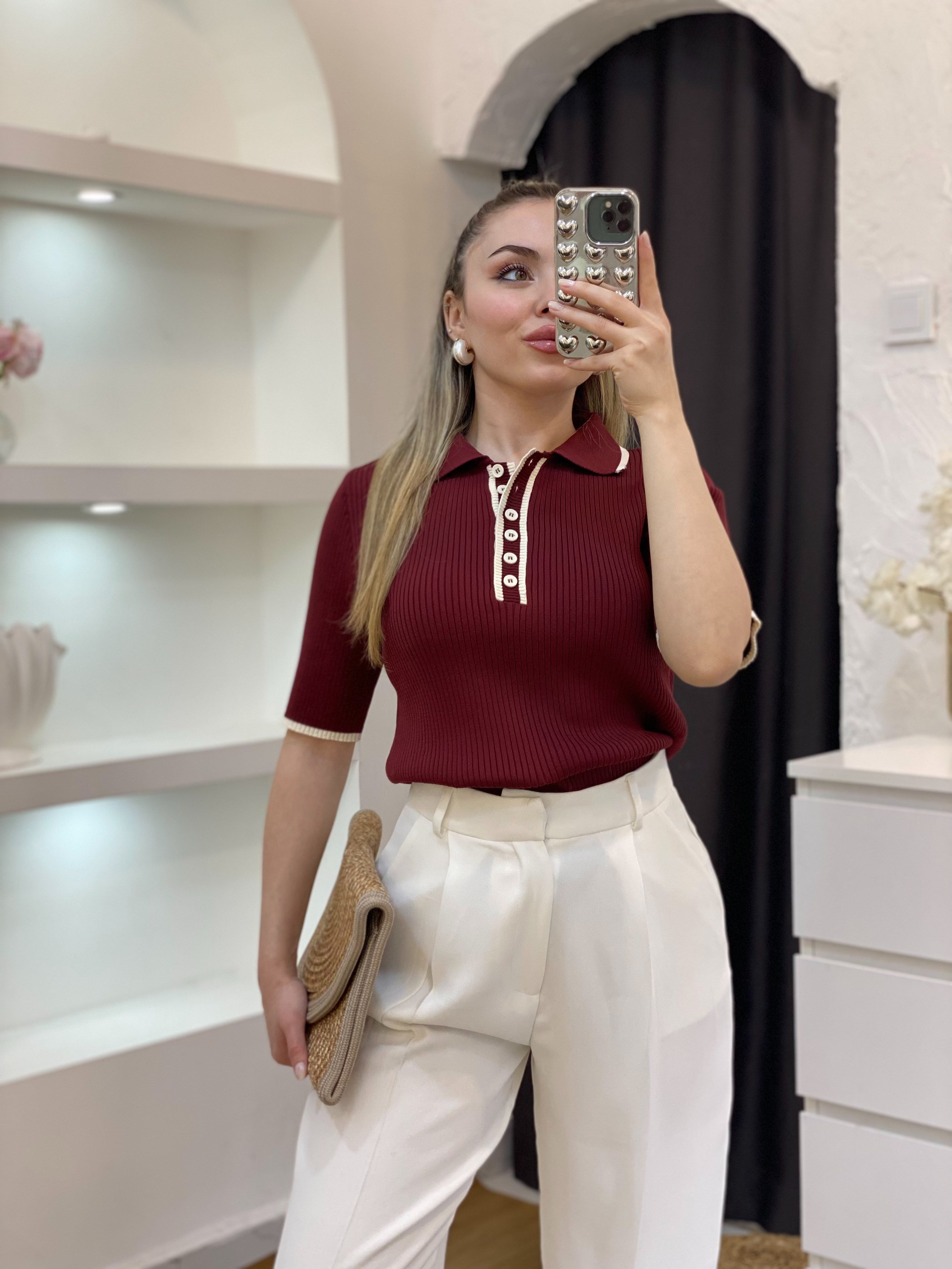 Bordo Polo Yaka Elit Triko Bluz