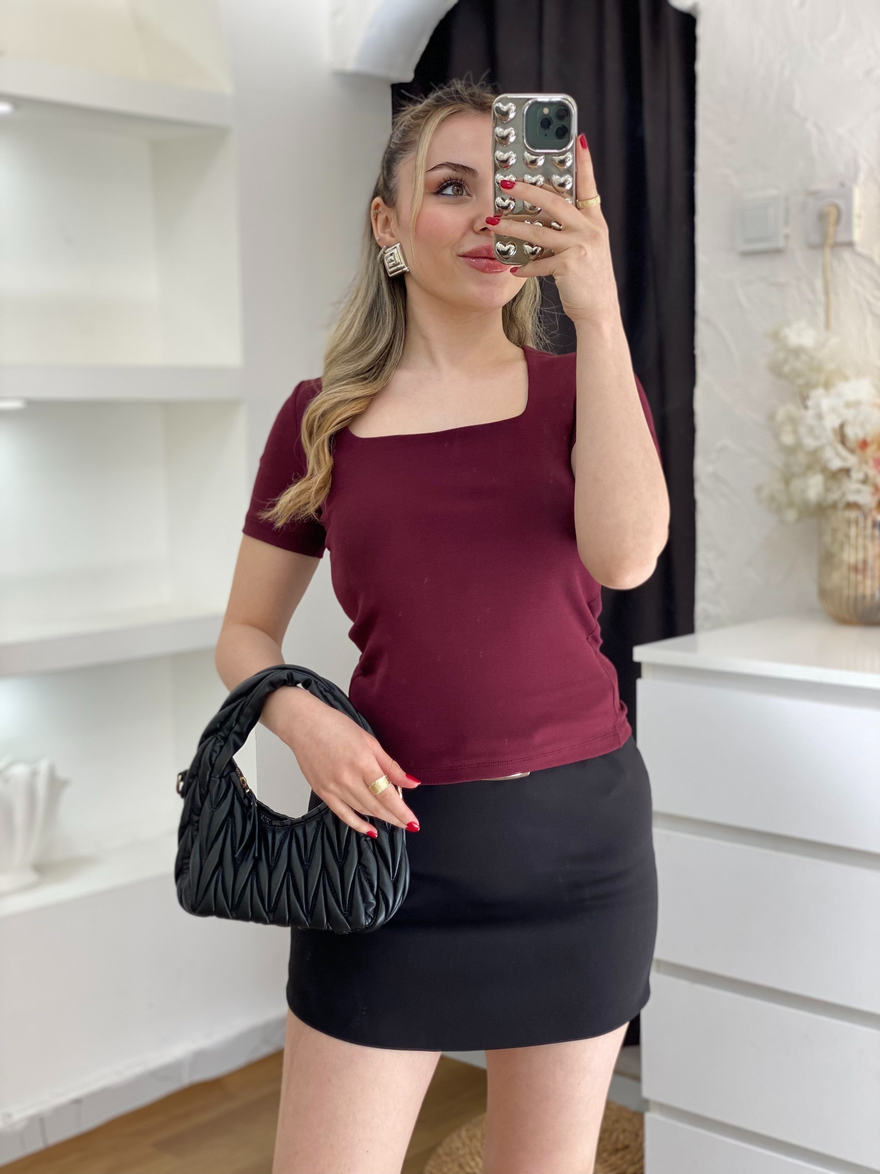 Bordo Sandık Yaka Kısa Kol Basic Bluz