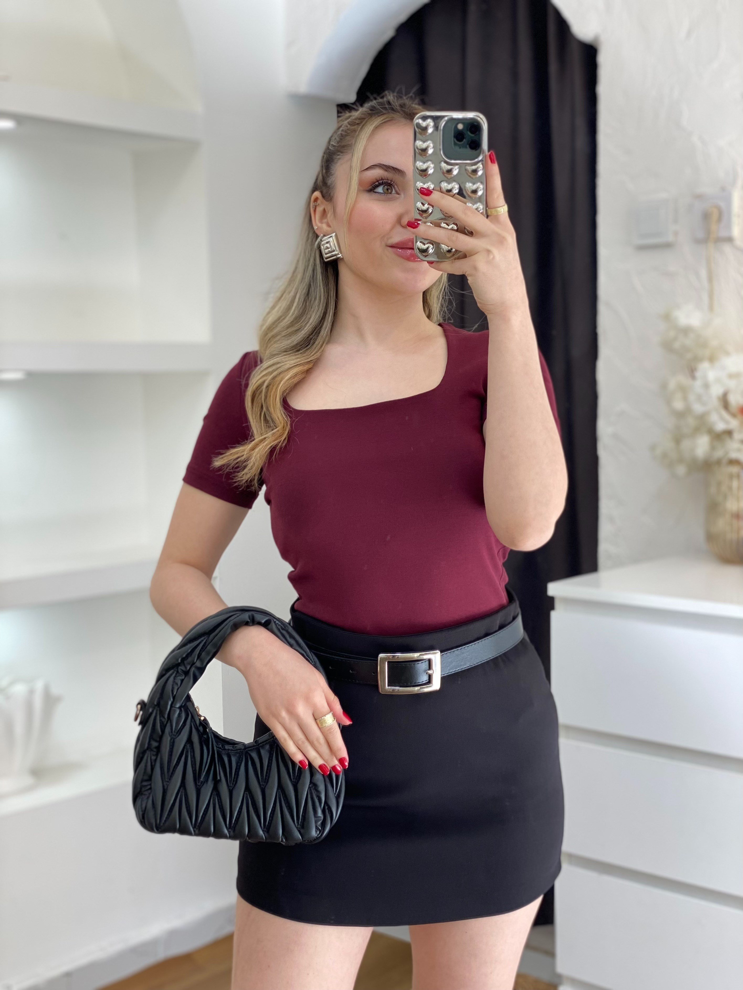 Bordo Sandık Yaka Kısa Kol Basic Bluz