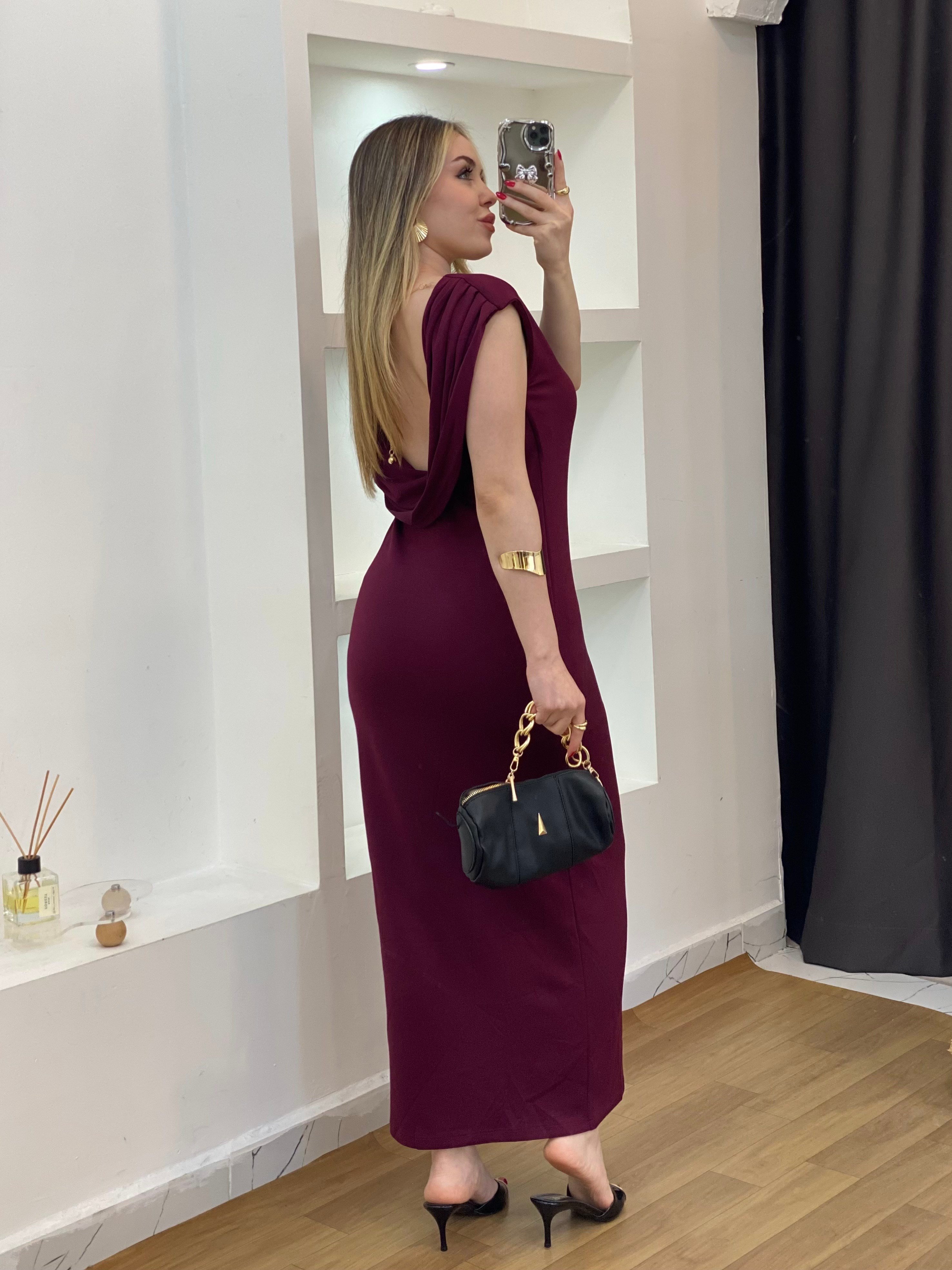 Bordo Sırt Dekolteli Modal Kumaş Likralı Elbise