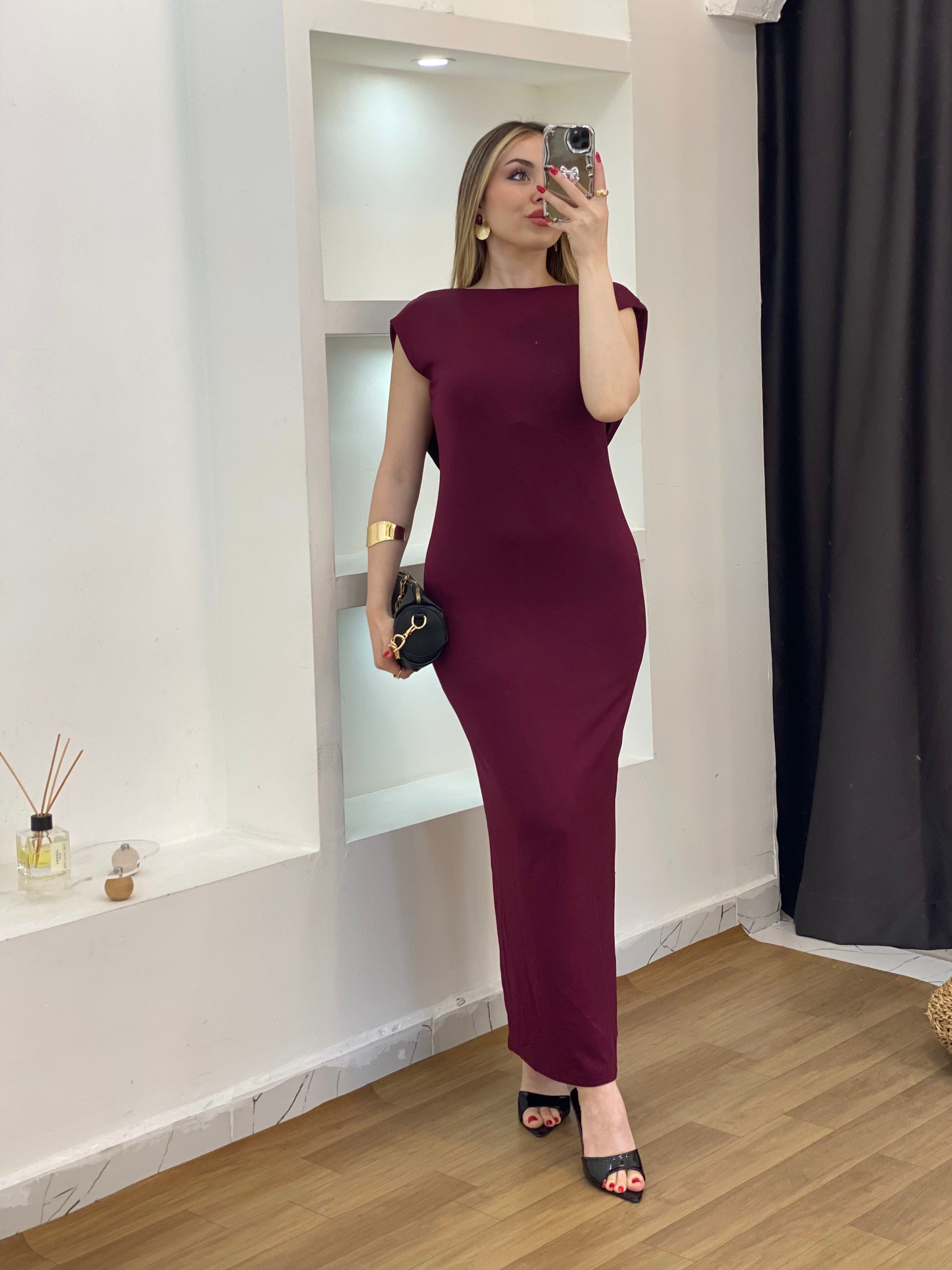 Bordo Sırt Dekolteli Modal Kumaş Likralı Elbise