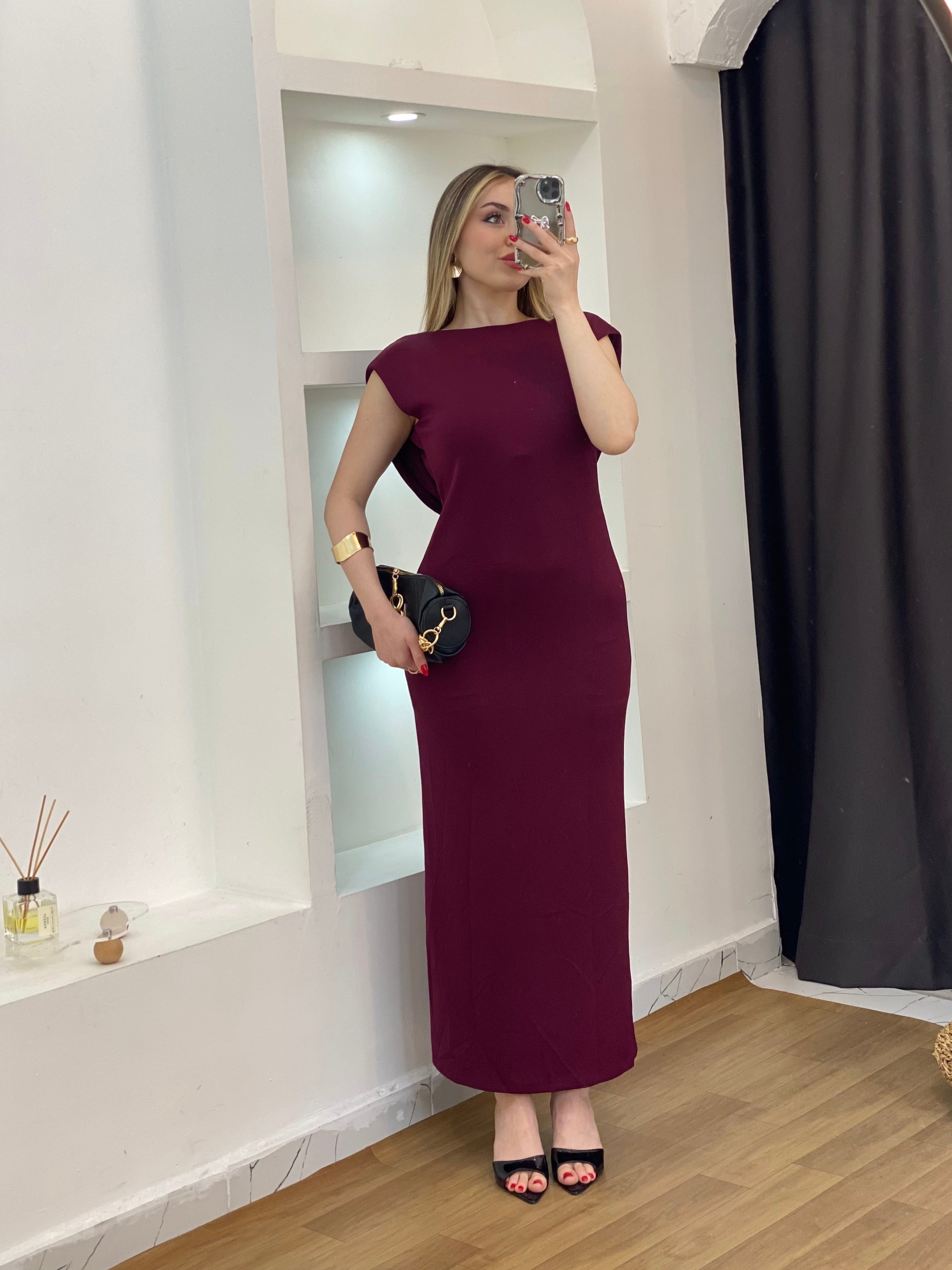 Bordo Sırt Dekolteli Modal Kumaş Likralı Elbise