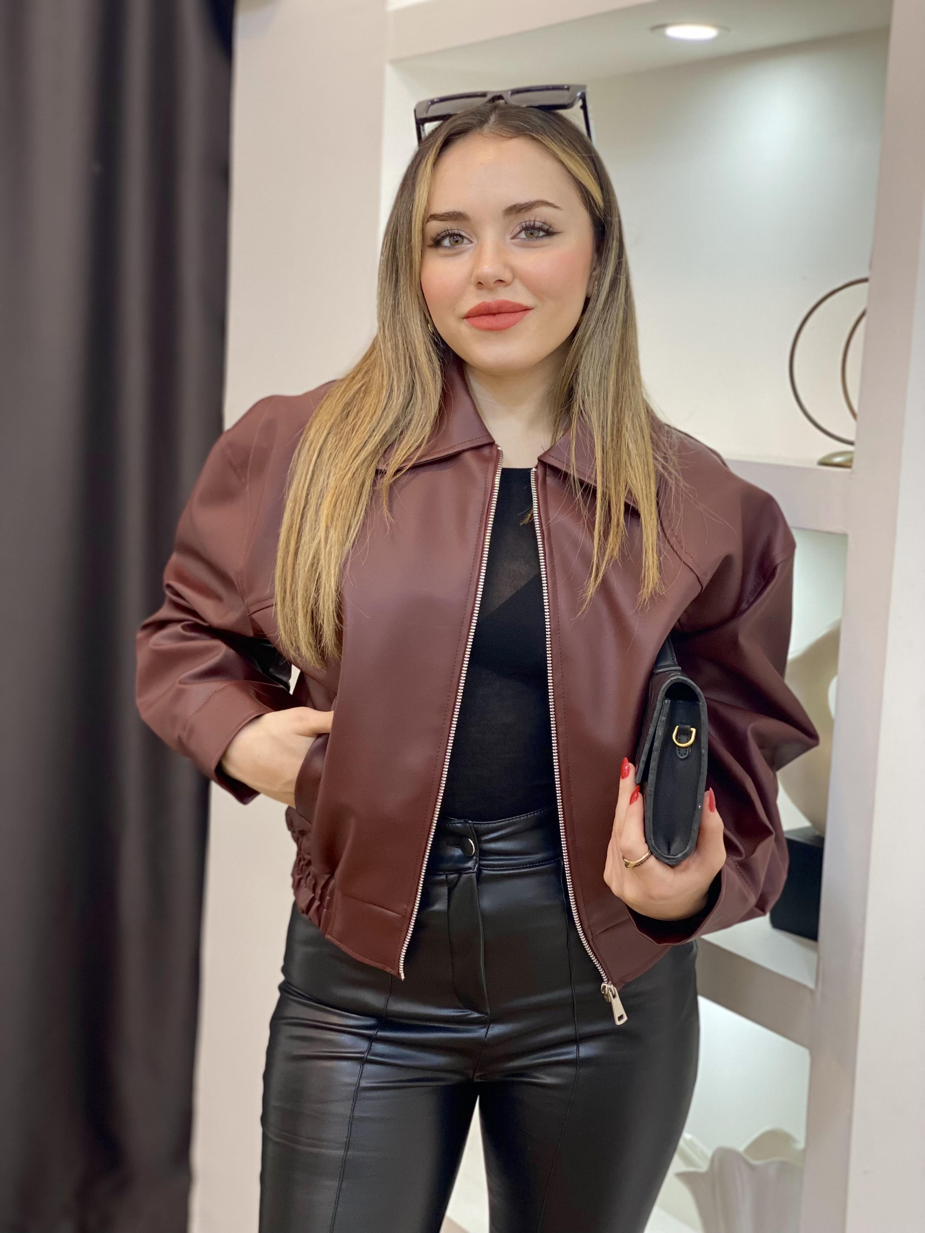 Bordo Spor Kesim Deri Ceket 
