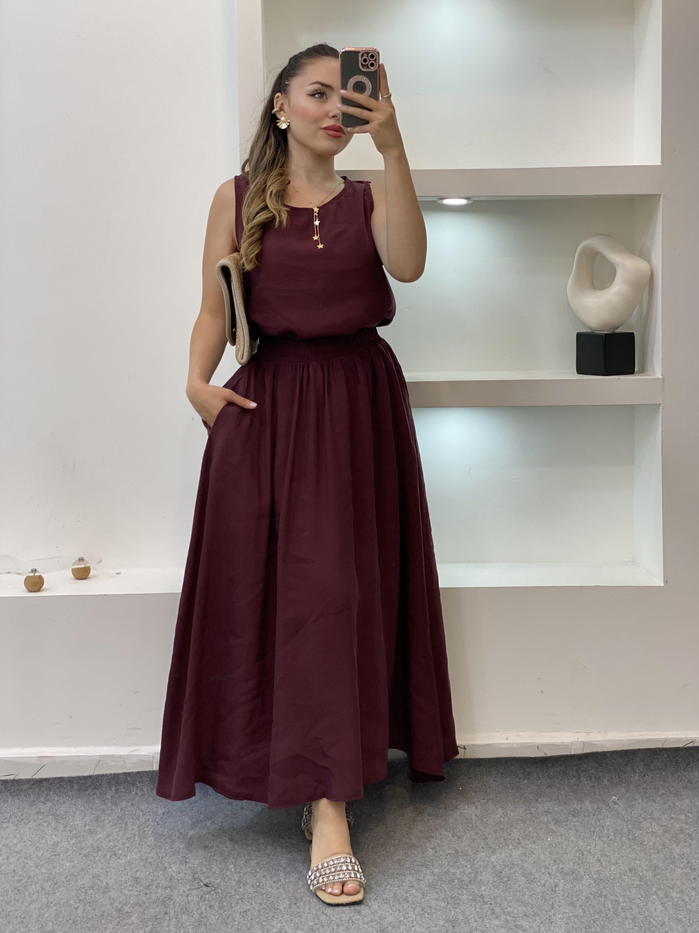 Bordo Tensel Bluz Etek Takım
