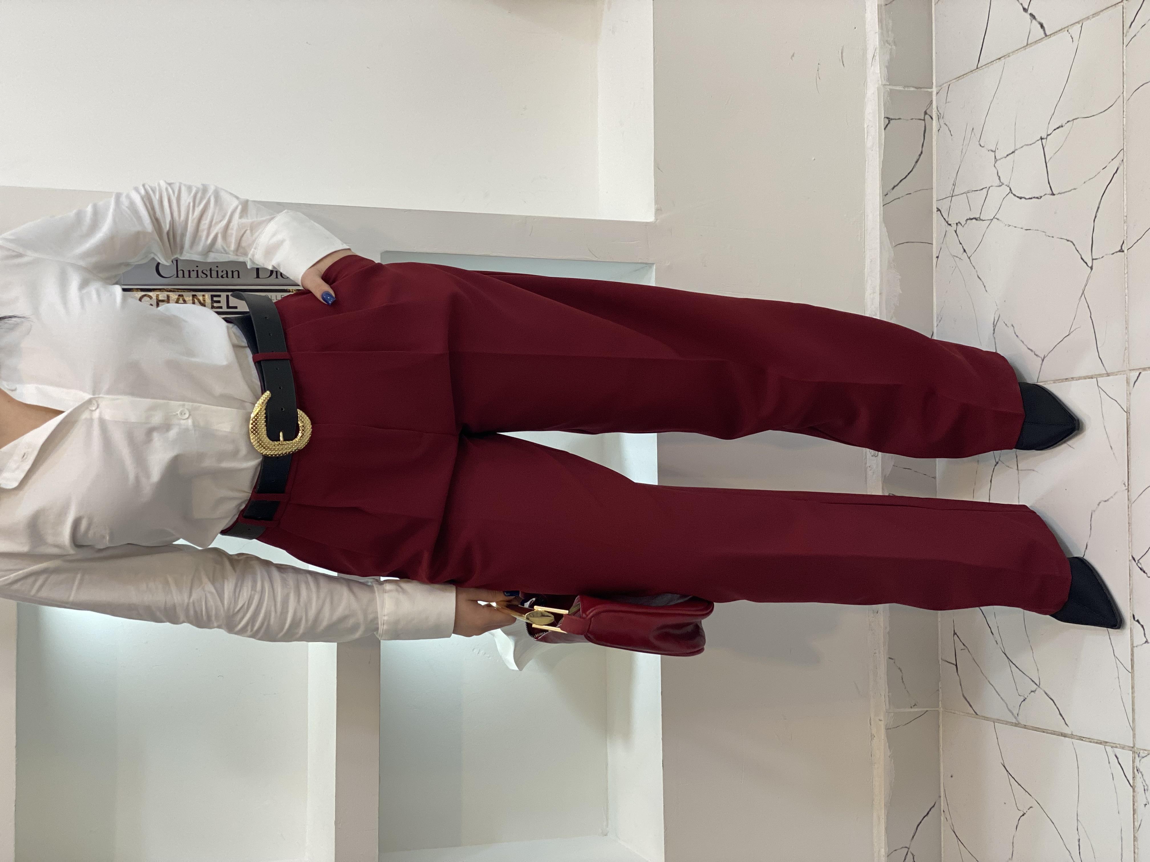Bordo Yüksek Bel 4 Mevsim Giyilen Palazzo Pantolon 