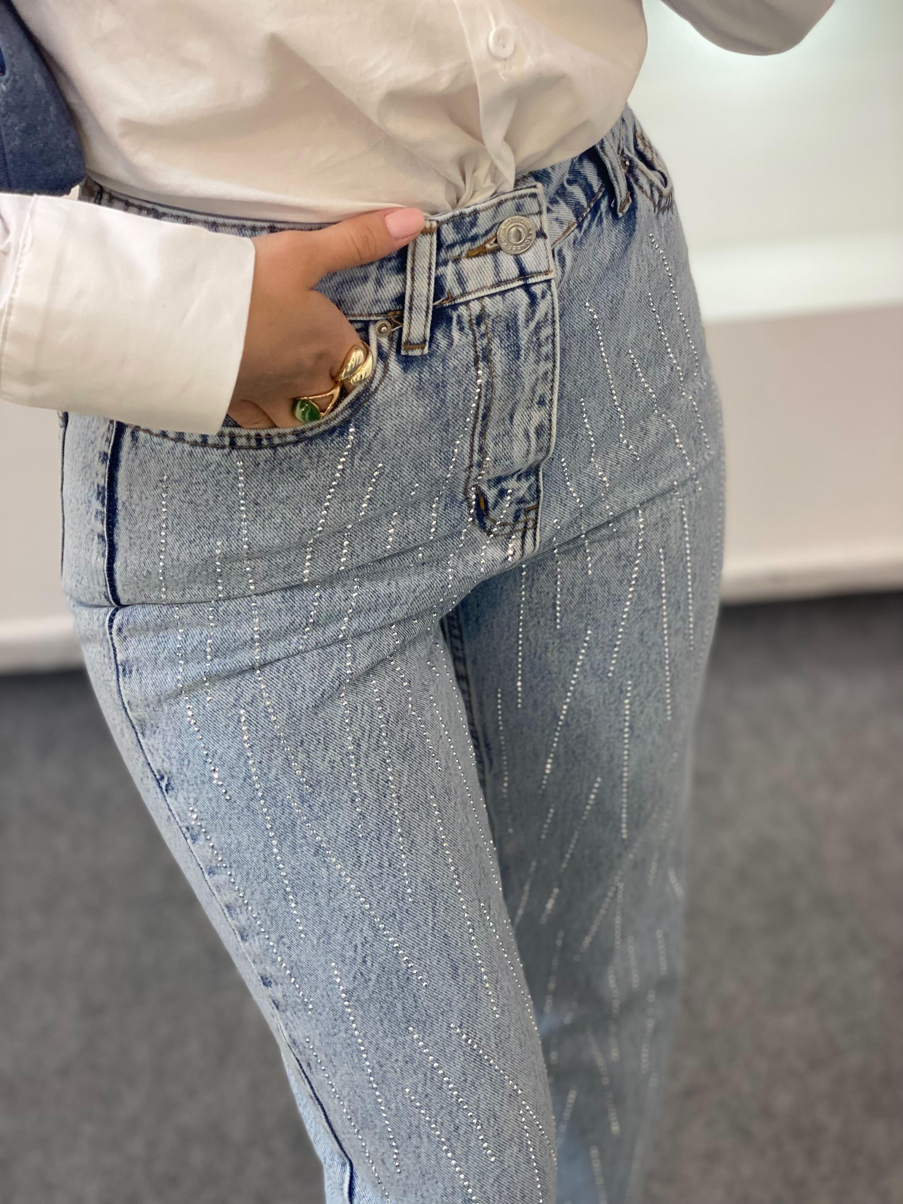 Buz Mavi Full Taşlı Boyfit Jean 