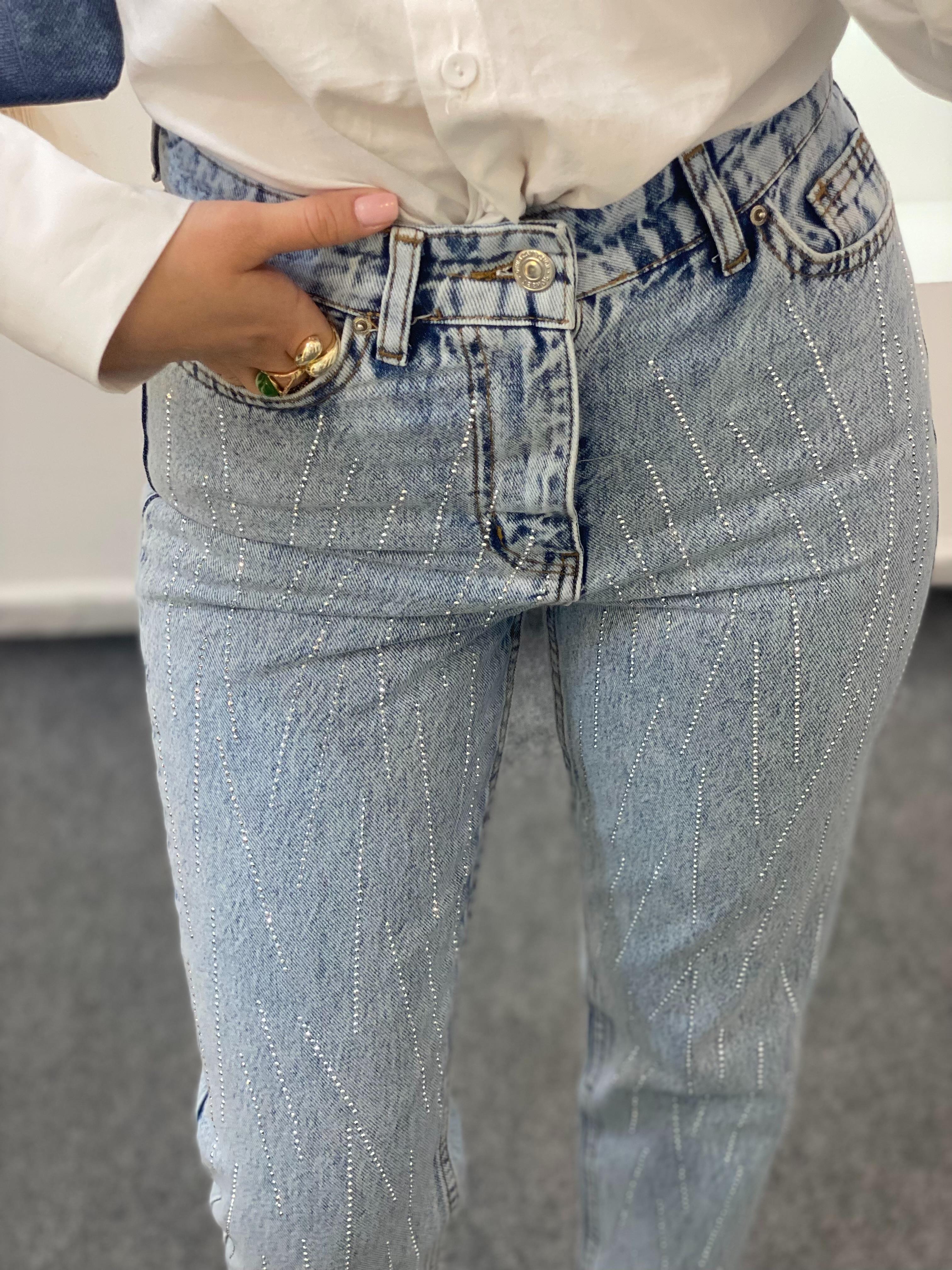 Buz Mavi Full Taşlı Boyfit Jean 